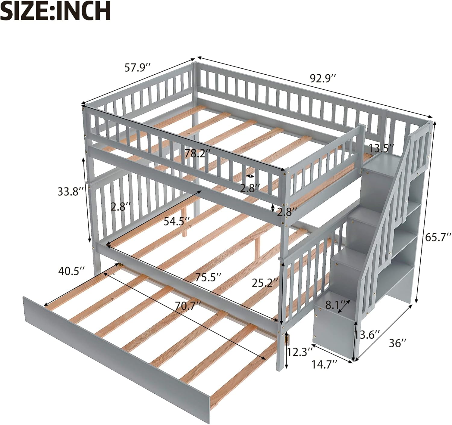 P PURLOVE Stackable Full Over Full Bunk Bed With Trundle, Wood Stairway Storage and Shelf for Kids Teens, Can Be Divided Into 3 Individual Beds, Gray Frame