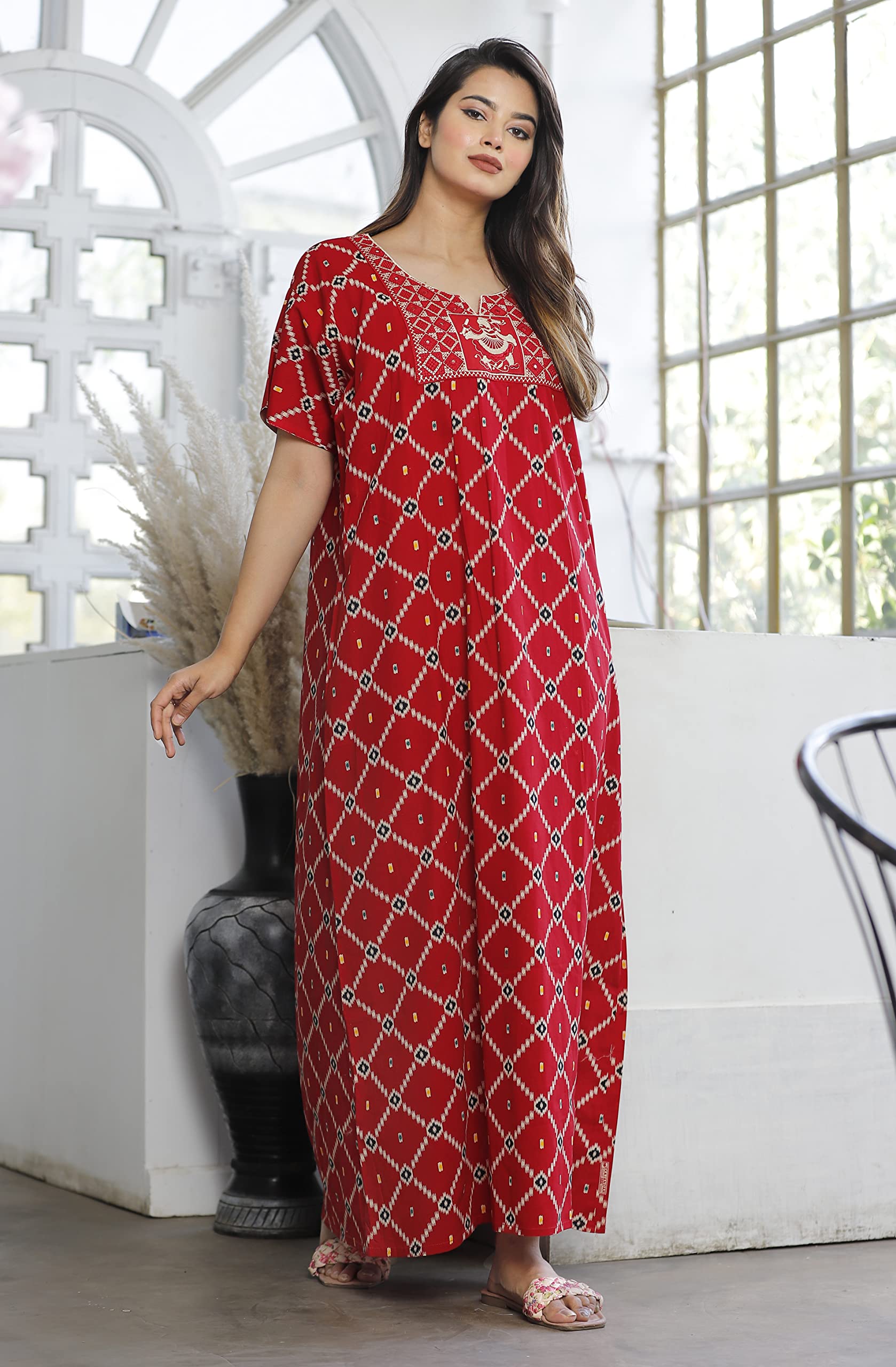 G4Girl Cotton Embroidery Nighty For Women/Girls (Z2, Red, Maxi) Free Size - Image 4 thumbnail