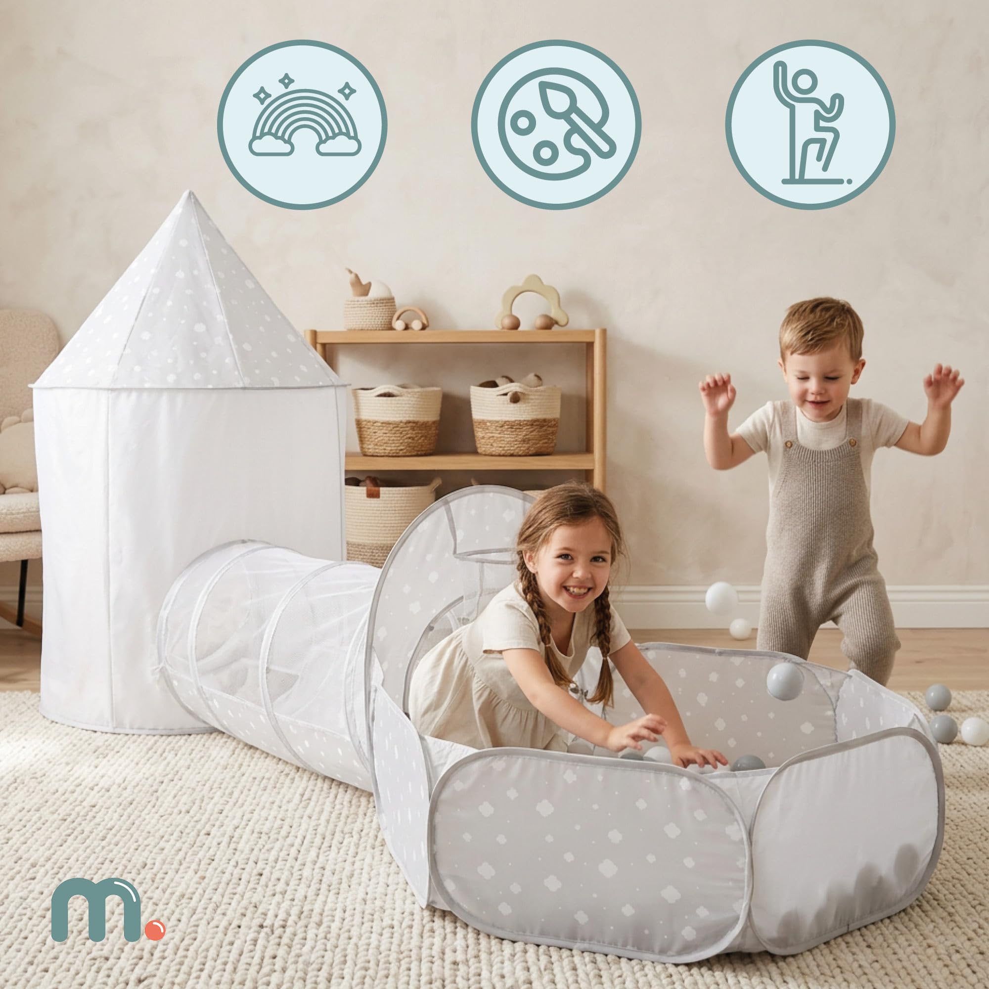 Mamabrum Spielset 3-in-1 Zelt Schloss mit Tunnel und Ballbecken, Faltbarer Spielplatz für Haus und Garten, Grau mit Weiß, Polyester, Metall, 50 x 60 x 100 cm