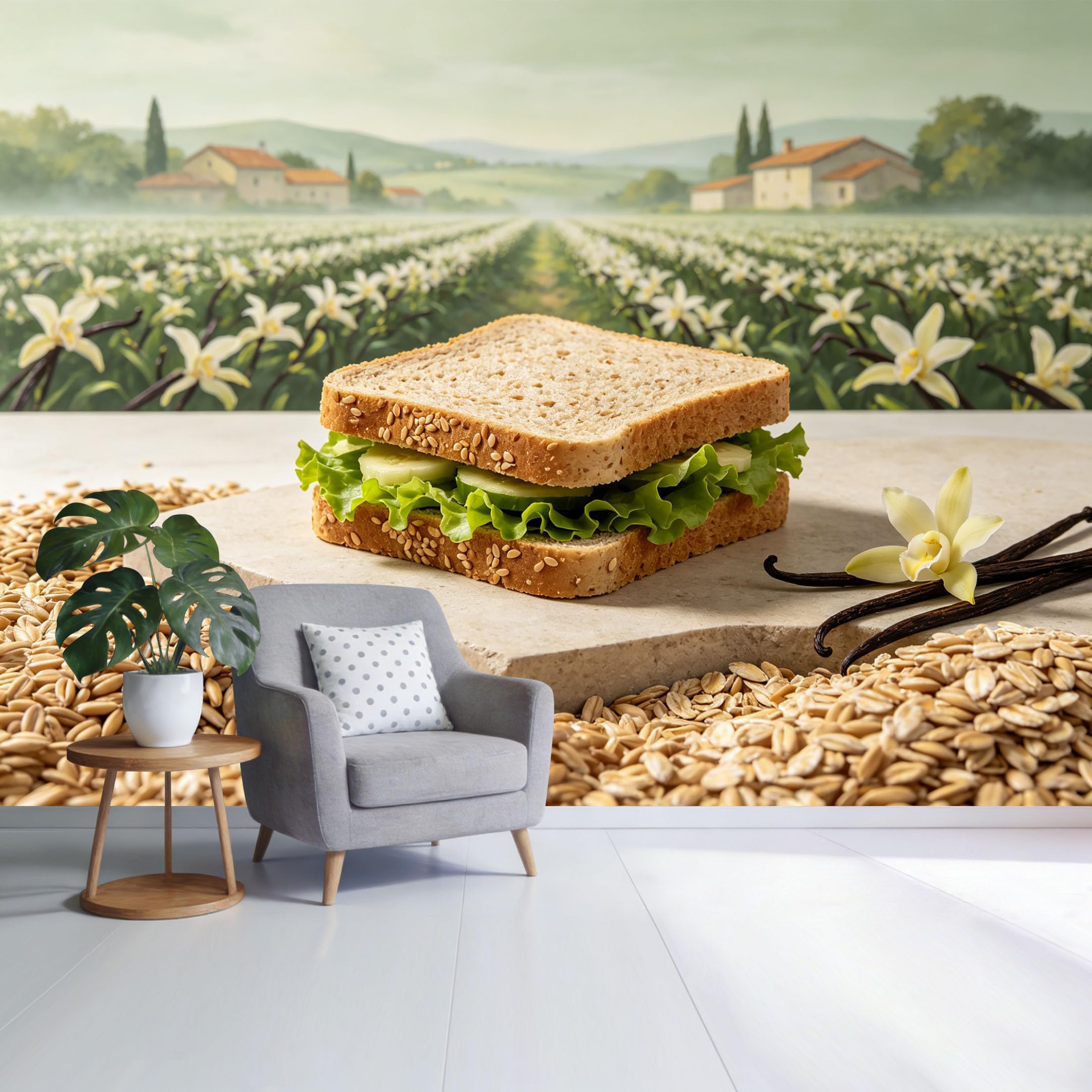 Custom Size Wall Mural Countryside Wheat Field Farmhouse Landscape with Blooming White Flowers and Rustic Houses SelfAdhesive Wall Fabric Removable Wallpaper for Home Office Decor