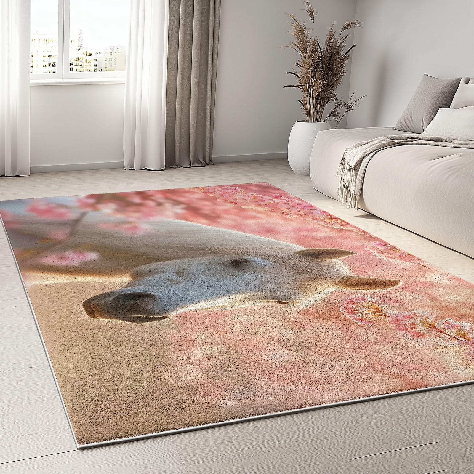 Générique Tapis Salon Cheval Blanc Animal Fleurs De Cerisier 80x150 cm Tapis Chambre Moderne Tapis de Salon Tapis Antidérapant Poils Ras, Lavable en Machine, Tapis pour Interieur et Exterieur