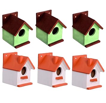 Cket Bird House Combo Nest Box Breeding House for Small Birds Eco Friendly Wooden for Garden Balcony Hanging Orange & Green (Pack of 6)