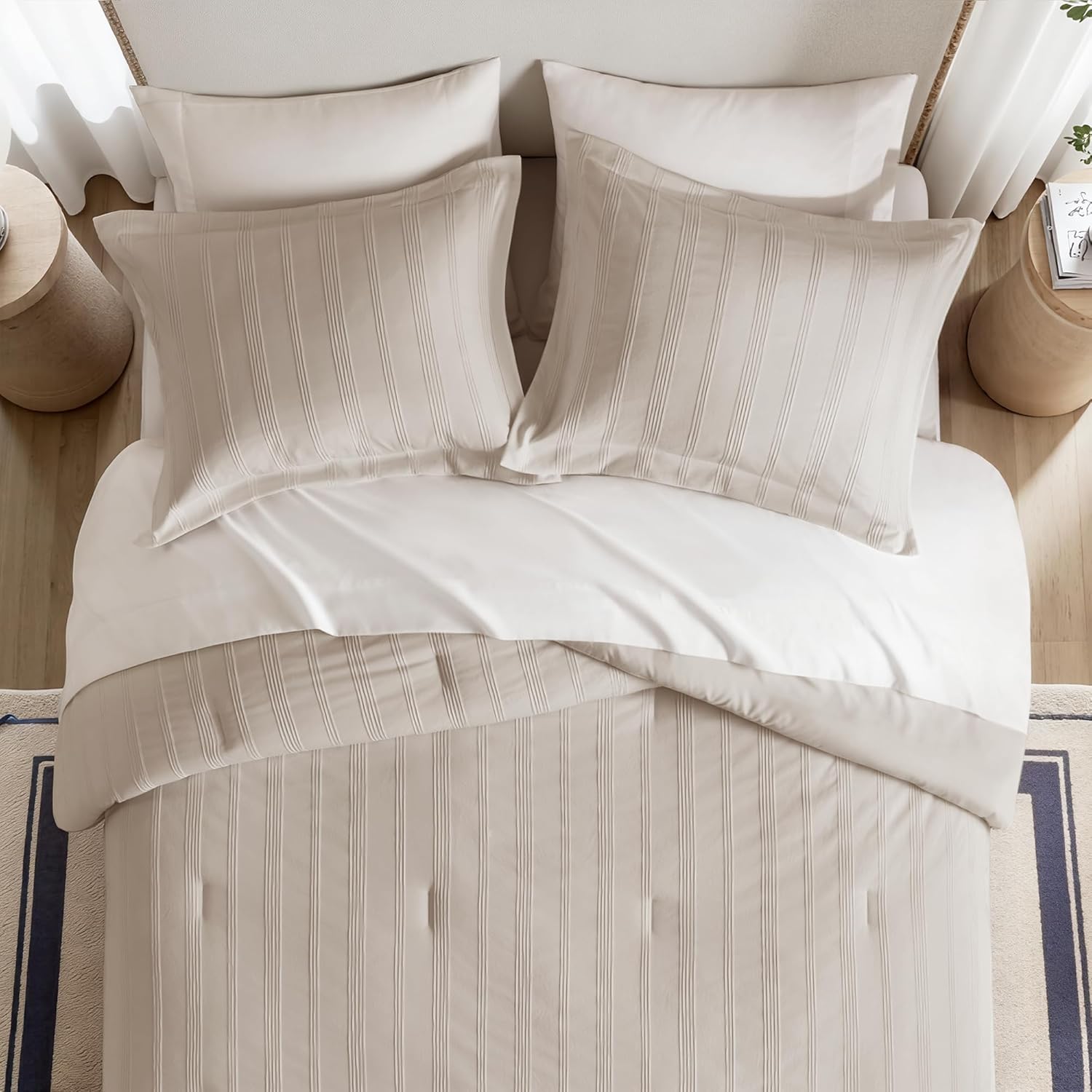 Madison Park Essentials Striped Comforter Set King, 7 Pieces Modern Minimalist Jacquard Bedding Set for All Season, Bed in A Bag with Sheet Set and Soft Brushed Reverse, Lightweight Neutral - Image 11