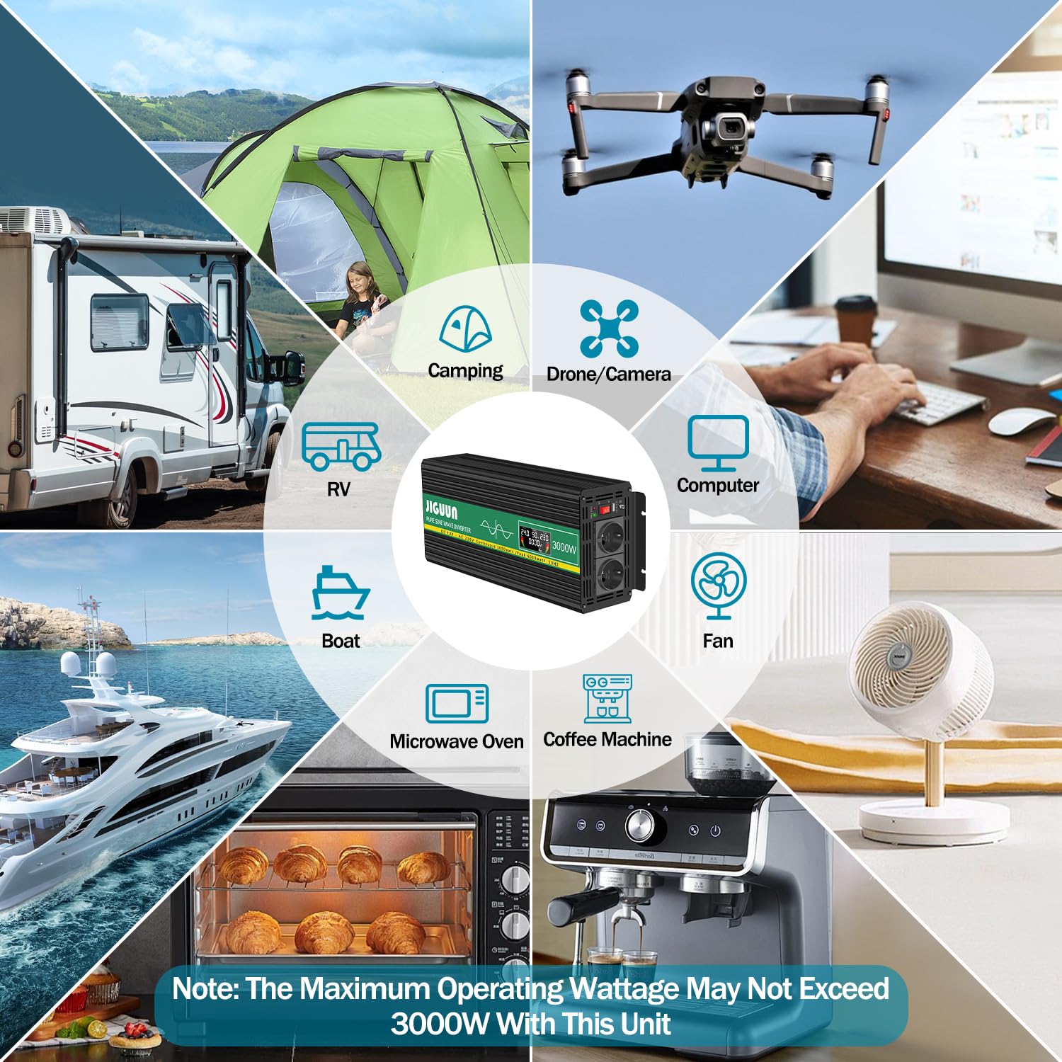JIGUUN 3000W inverter 24V 220V onda pura Trasformatore con 2 prese EU e una porta USB 2.1A - Telecomando senza fili e display LCD Potenza di picco 6000W per camion camper emergenza