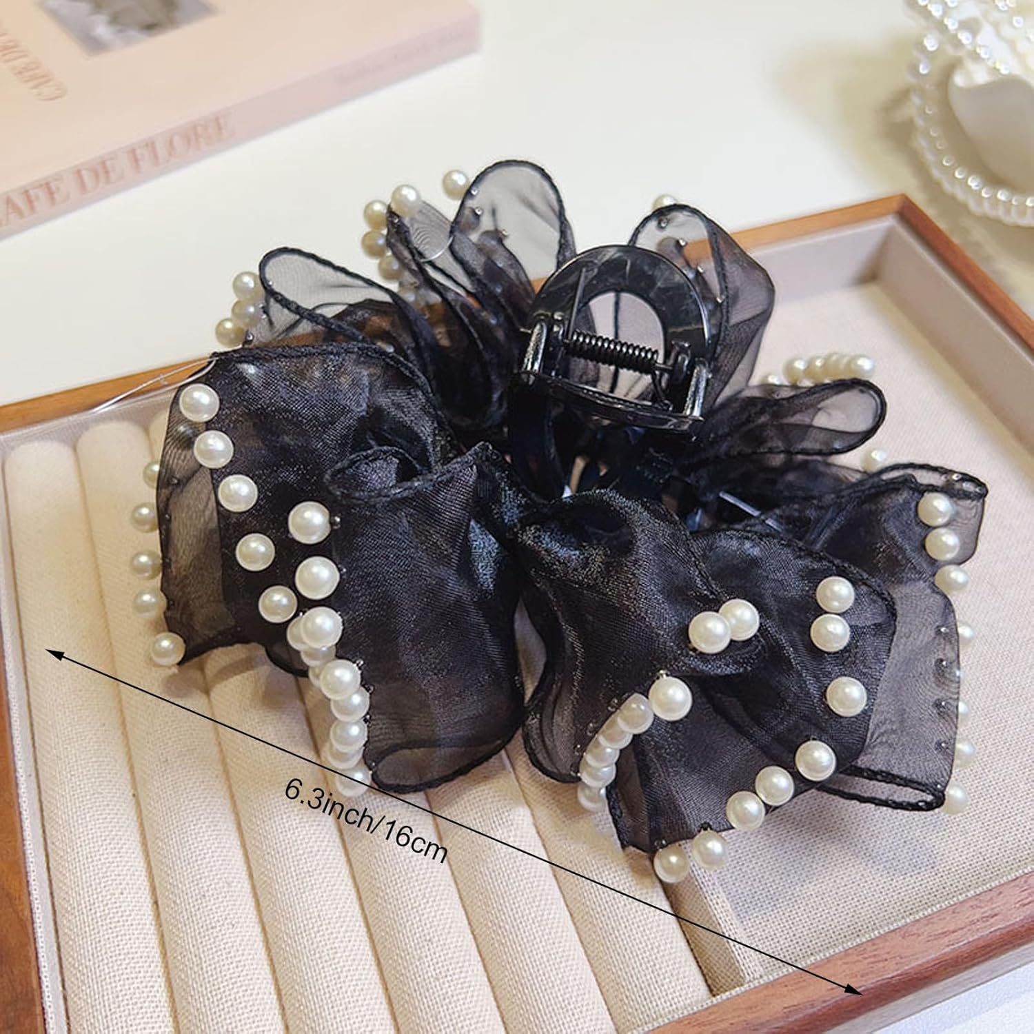 Elegant Pearl-Trimmed Hair Claw Clips, Black and White Chiffon Silk Bows, Large Nonslip French Barrette Hair Accessories for Women, 2 Pack - Image 2