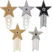 HERSAUL 5PCS Shiny Rhinestone Star Tassel Iron-On Patches for Jeans Hats Bags - Gold Silver Black DIY Repair Appliques