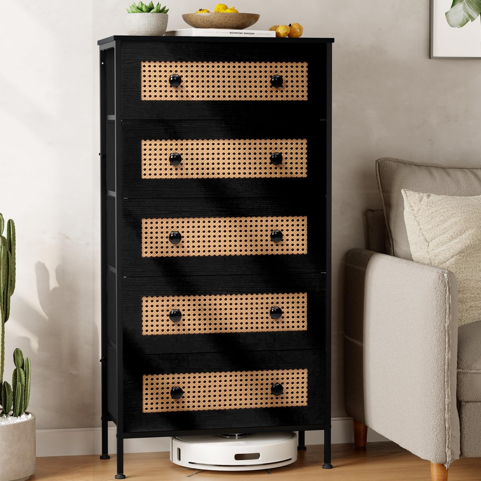 Crestlive Products Rattan Dresser Storage Tower, Tall Fabric Dresser, Chests of Drawers, Wood Top - Organizer Unit for Bedroom, Hallway, Entryway, Closets (Black, 5 Drawers)
