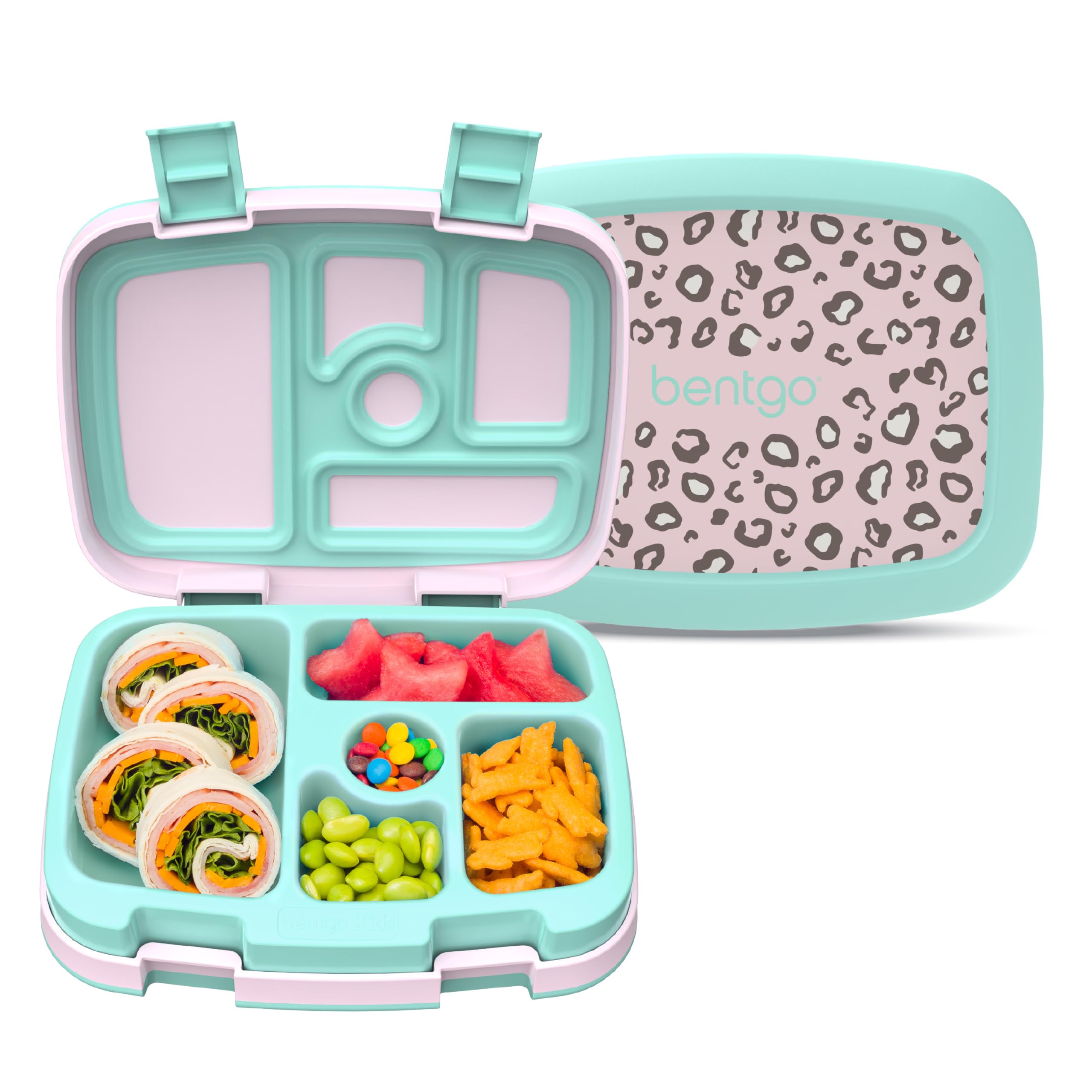 Bentgo Kids Prints Leak-Proof, 5-Compartment Bento-Style Kids Lunch Box - Ideal Portion Sizes for Ages 3-7, Durable, Drop-Proof, Dishwasher Safe, &amp; PFAS &amp; BPA-Free Materials (Leopard)