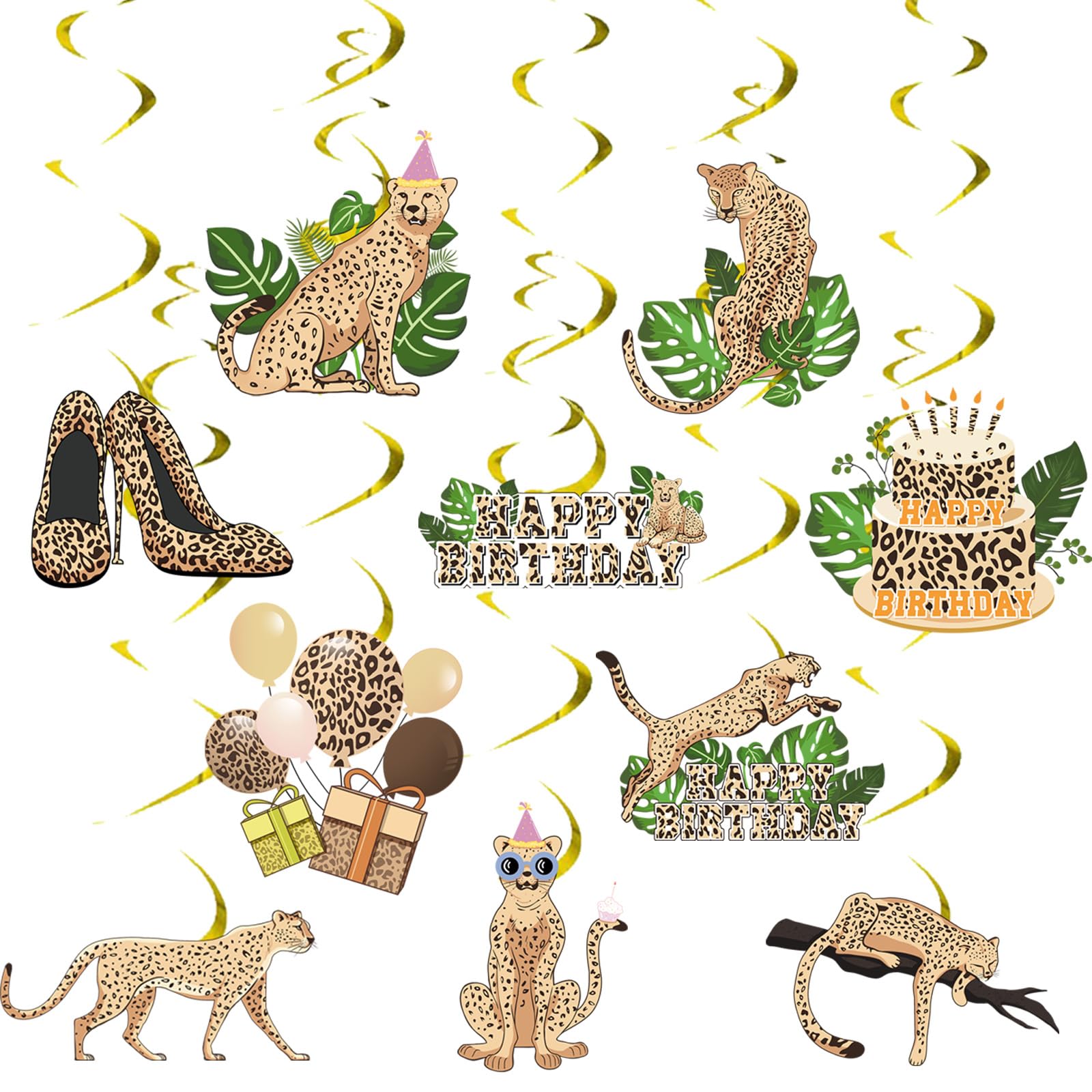 30Pcs Cheetah Birthday Decorations Hanging Swirls Leopard Print Cheetah Party Ceiling Decorations for Jungle Safari Animal Baby Shower Theme Birthday