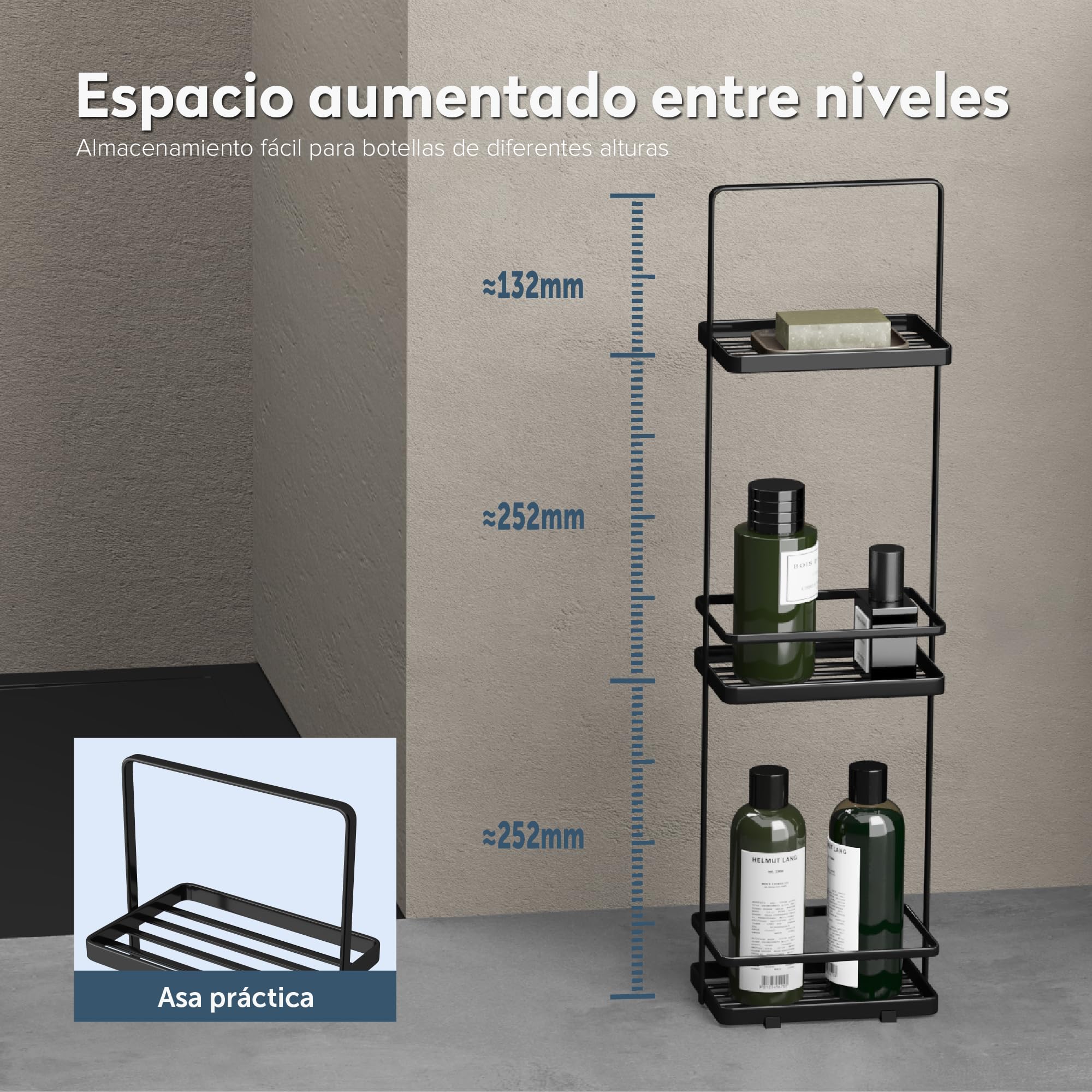 doporro Estante de Baño de Pie con 3 Niveles, Diseño con Mayor Espacio Entre Niveles, Asa Práctica, Drenaje con Ranuras, Barra Anticaída, Base Antideslizante, de Acero Carbono, Negro, Reglo-02 | Reglo-02 - Estantería de pie para baño, ducha, inodoro y nic