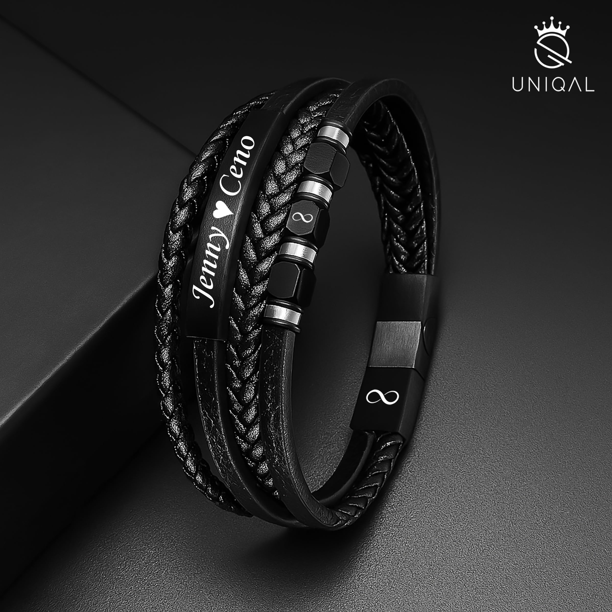 UNIQAL | Lederarmband Herren "PLATE" Mens Bracelet | Edelstahl, Echtleder | Etui Box Gratis