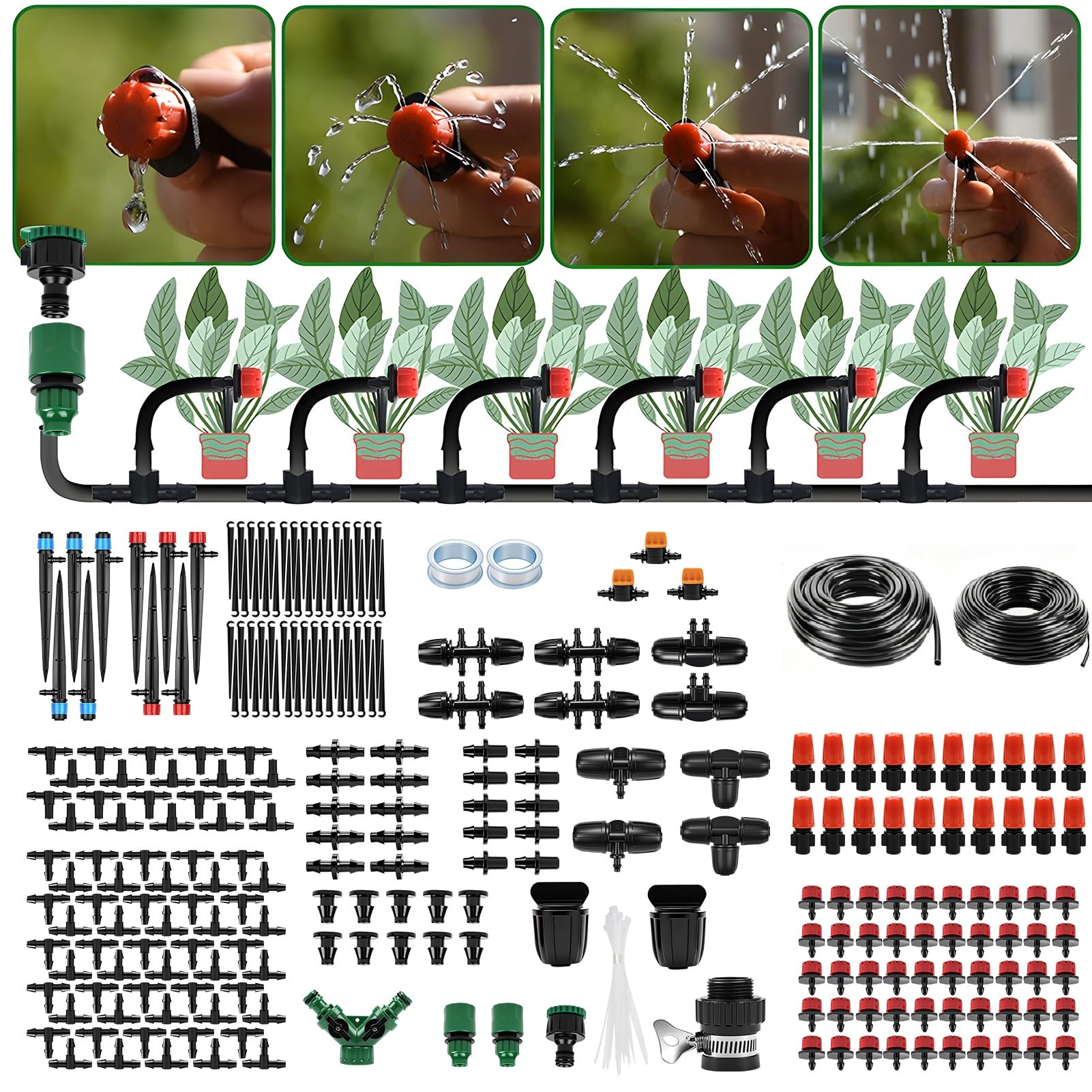 Nikou Set di 315 sistemi di irrigazione da giardino, kit per irrigazione fai da te, 60 m + 15 m, sistema di raffreddamento automatico a goccia, per paesaggio, piante, serra