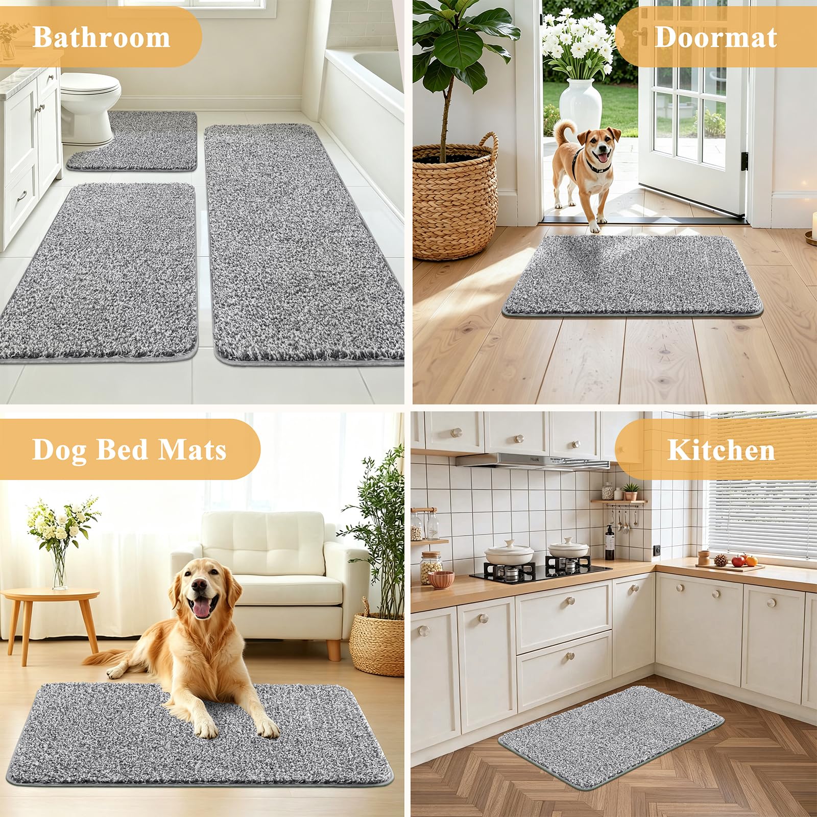 Enyhom Set di tappetini da bagno in microfibra, super assorbente, a forma di U, antiscivolo, lavabile, 50 x 80 + 50 x 120 + U50 x 60 cm)