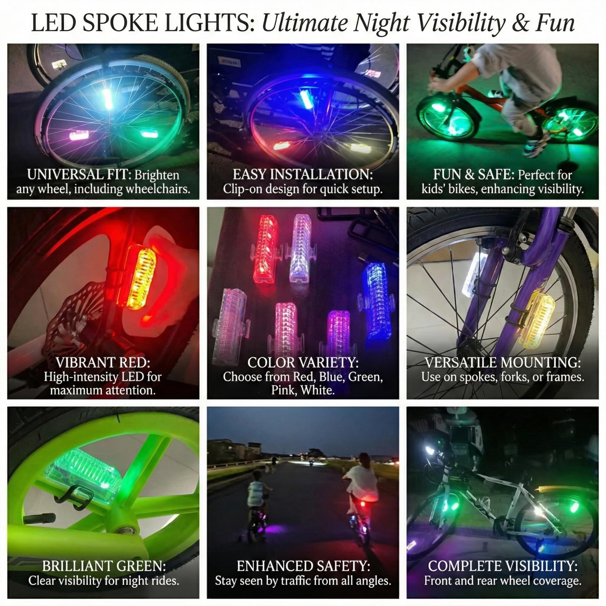 HANZE Lumières LED rechargeables pour rayons de vélo - 7 couleurs avec 12 modes clignotants - Détecteur de mouvement marche/arrêt automatique - Accessoires étanches pour vélo électrique pour enfants