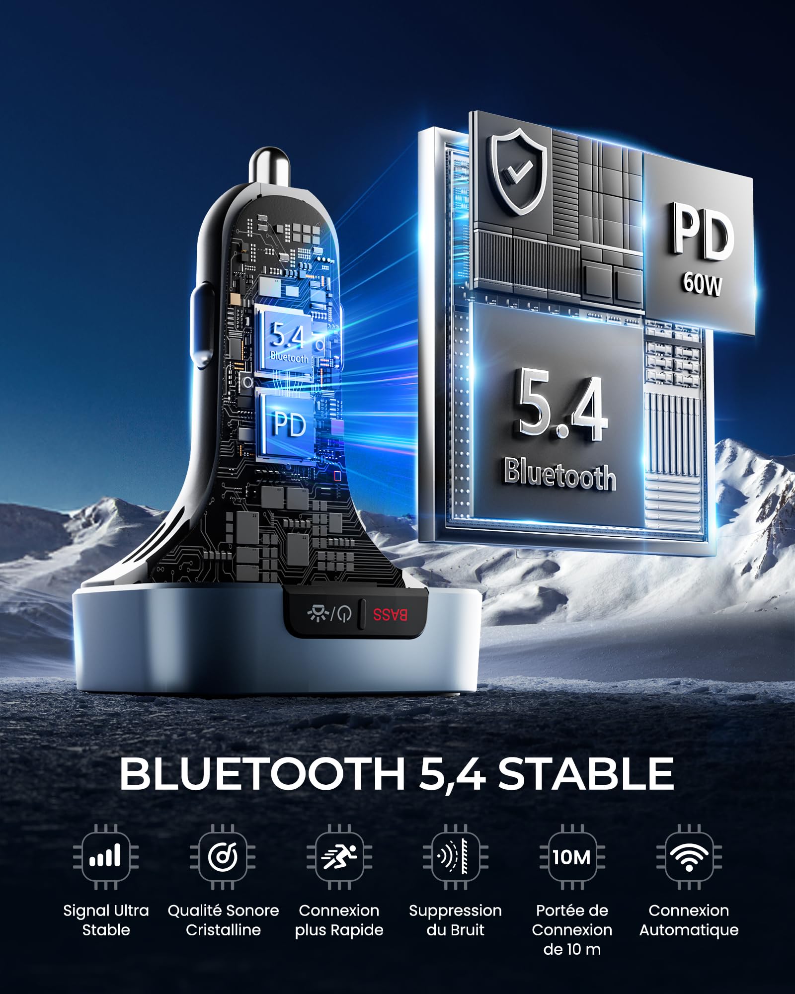 LENCENT Transmetteur FM Bluetooth Voiture, Allume Cigare Bluetooth 5,4 Charge Rapide 60W PD 30W 2 USB C Adaptateur Radio Lecteur de Musique Main Libre Appel/Basse Hi-FI/LED 7 Couleurs/Support Clé USB