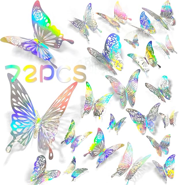 72 PCS Silver 3D Butterfly Wall Stickers, Metallic Butterfly Wall Art 3D Butterfly Wall Decoration Stickers 5 Shapes Butterflies Stickers for Walls Living Room Bedroom Decors