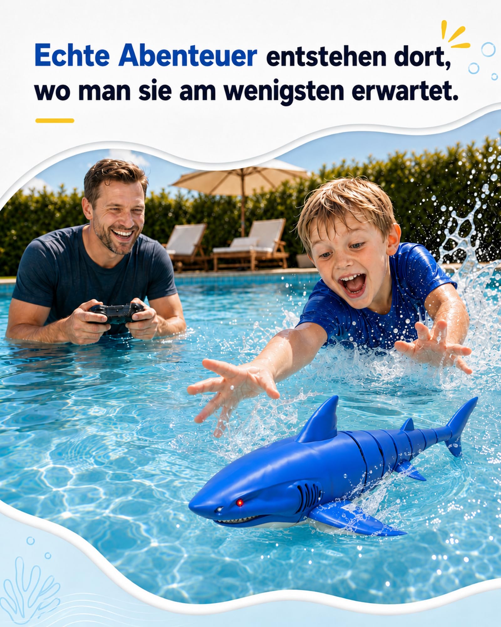 KOKODI RC Robo-Hai ab 3 Jahren – Ferngesteuerter Schwimmhai mit LED-Augen, 30 Min Laufzeit, spritzwassergeschützte Fernbedienung, USB-C-Ladeanschluss – für Pool & Strand(Hellblau)
