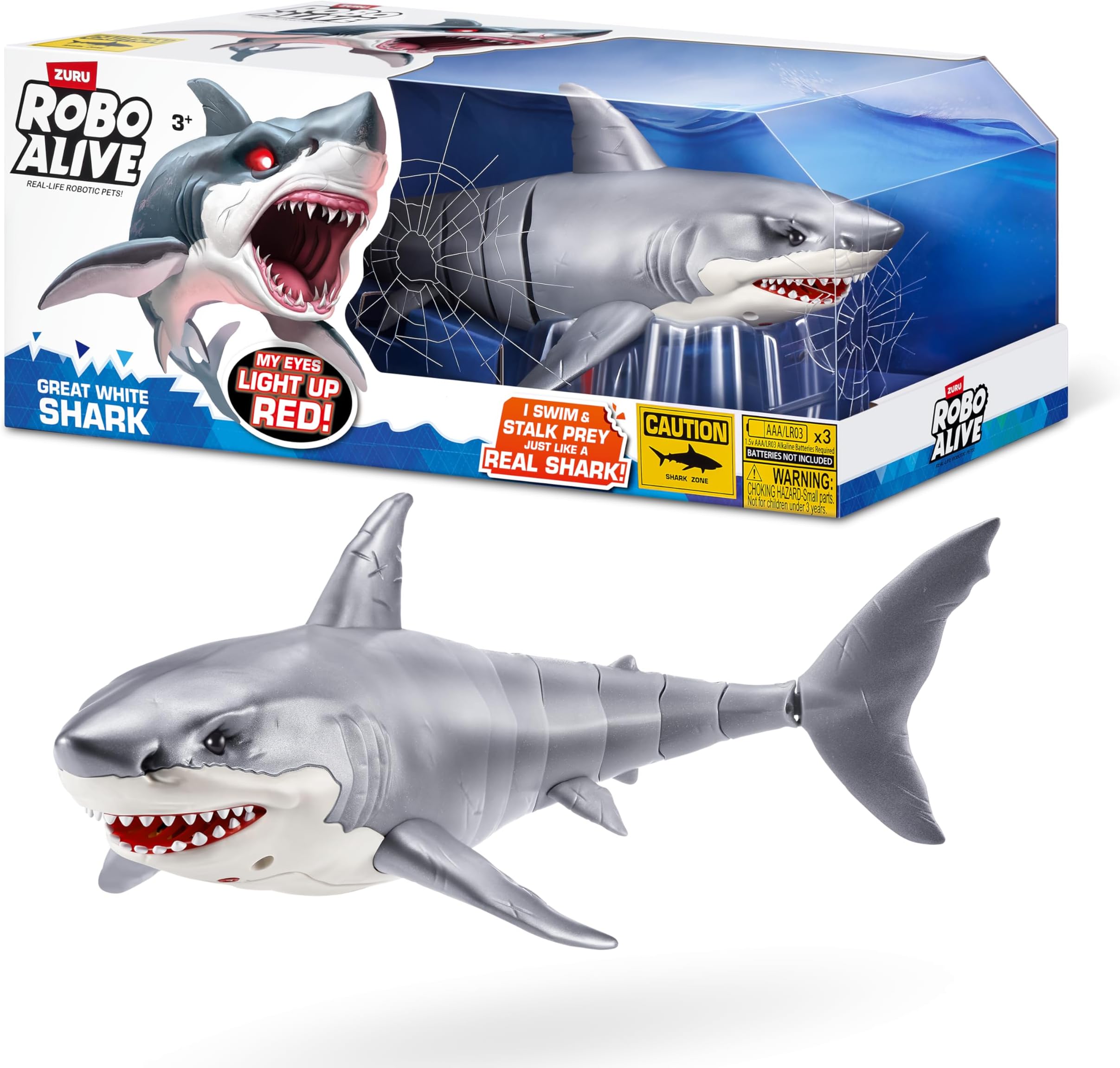 ROBO ALIVE Great White Shark Series 1 by ZURU Robotic Shark Toy with Battery Powered Lighting Summer Pool Toy Bath Toy