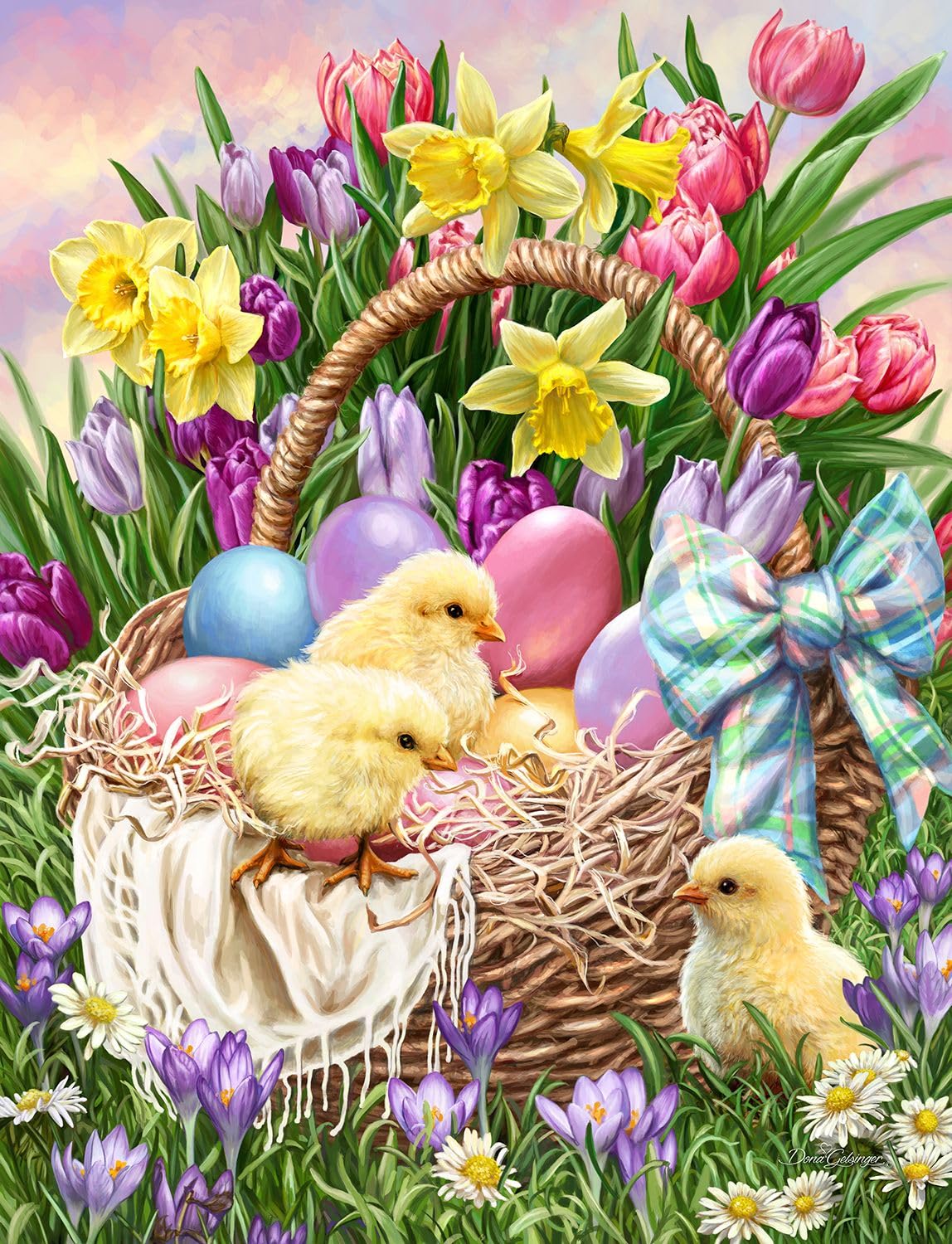 Springbok Basket Full of Spring 500 Piece Jigsaw Puzzle for Adults and Kids Celebrating Easter with a Spring Backdrop and a Basketful of Baby Chicks and Colorful Eggs on Display.