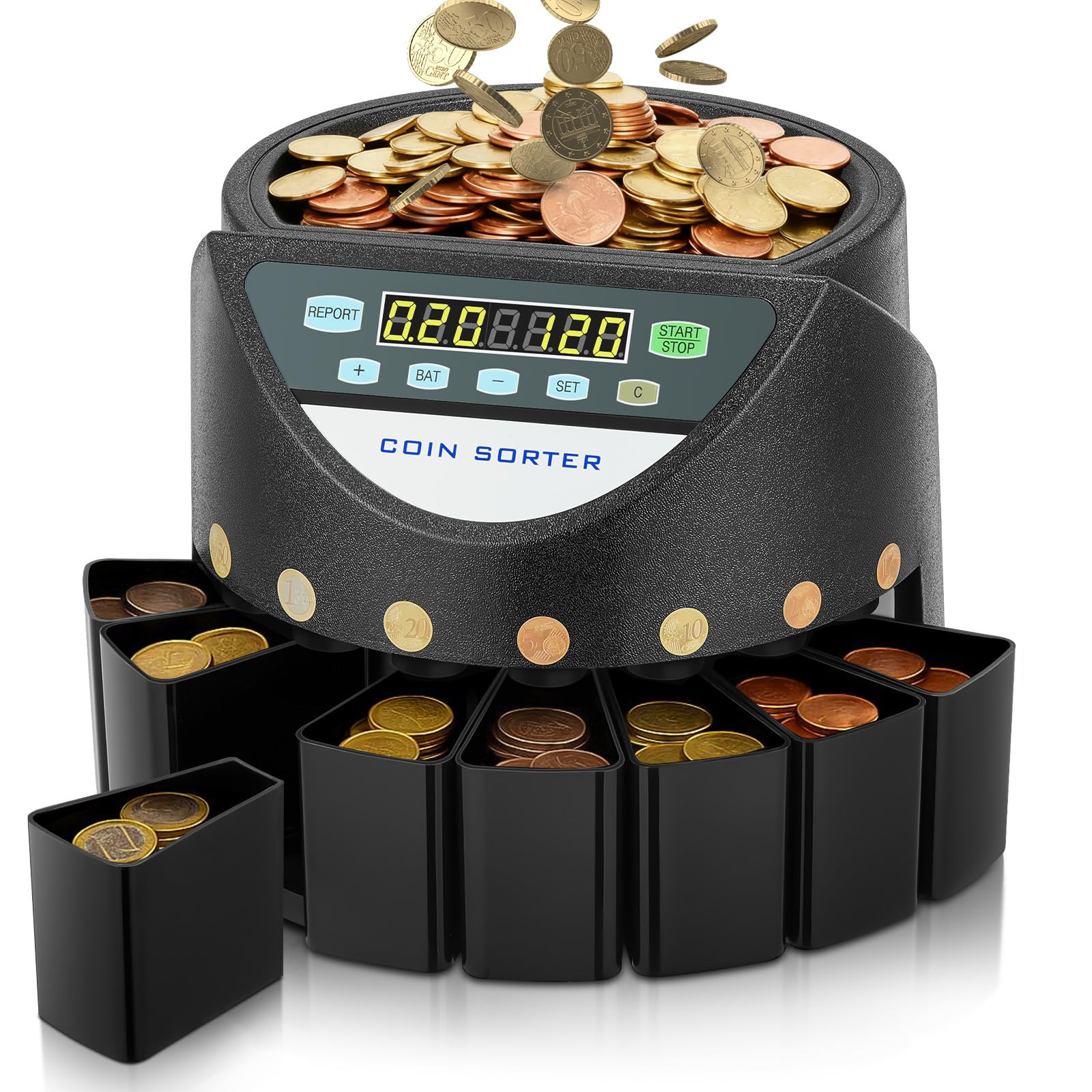 Macchina Contamonete Euro, Separatore Monete 300 Pezzi/Minuto, Capacità 800 Monete, Display LED 7 Cifre e Pannello di Controllo, 8 Cassetti di Raccolta, per Negozi, Scuole, Banche e Tabaccherie