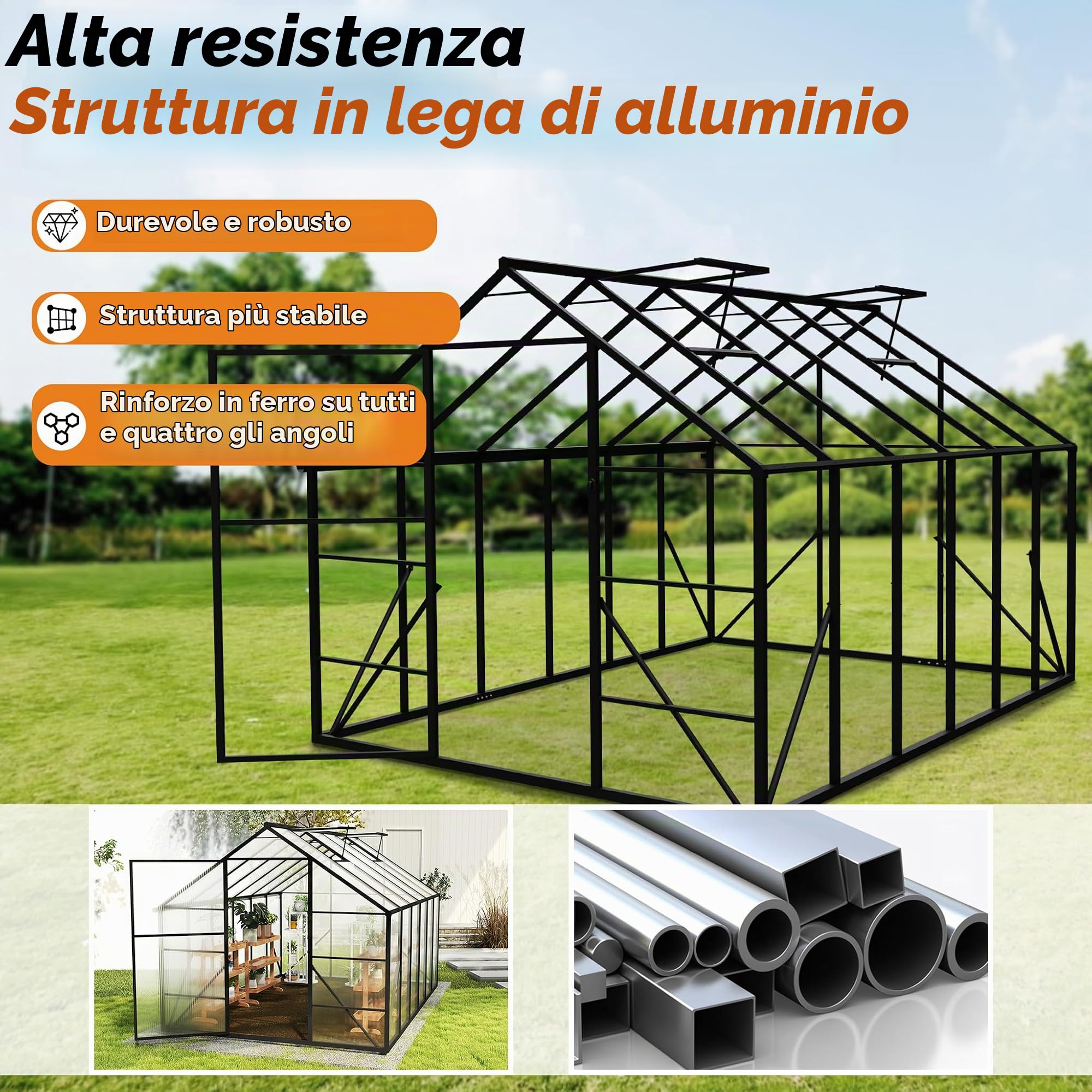 NAIZY, serra da giardino 380x250x205 cm con ancoraggio a terra e pellicola di base da 6 cm, serra in policarbonato da 580 g e 4 mm con struttura in alluminio, serra per pomodori e coltivazione