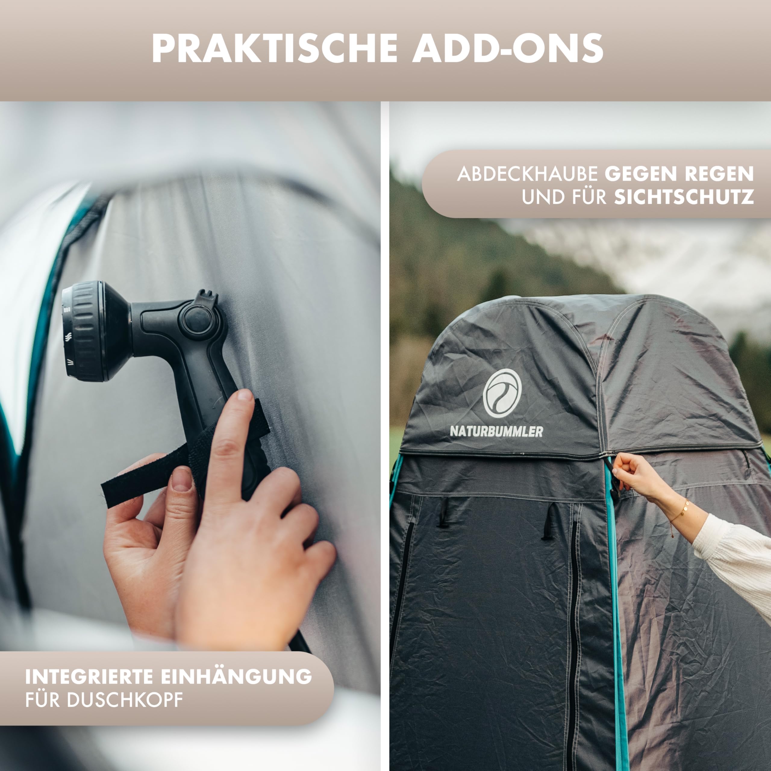 NATURBUMMLER Duschzelt Pop-Up [Privacy Protec+] wasserdicht & Blickdicht mit 5 Taschen & Boden (1,9  m Stehhöhe) – mobiles Toilettenzelt Umkleidezelt Sichtschutz für Camping Strand Outdoor