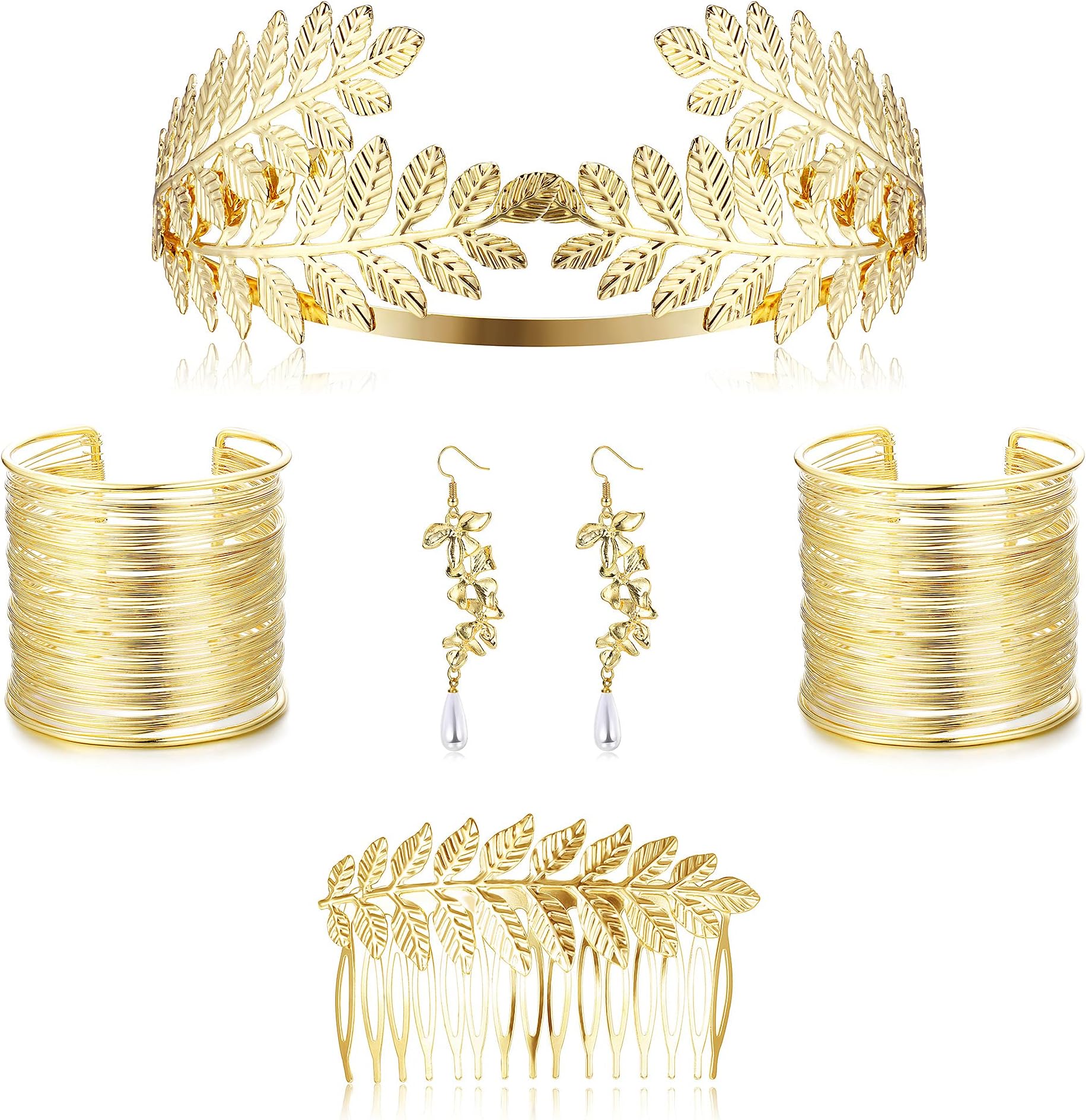 FUNRUN JEWELRYFUNRUN JEWELRY 6Pcs Greek Goddess Costume Accessories Set for Women Leaf Headband Bracelet Armband Golden Laurel Leaves Crown Costume Headband Bridal Wedding Headpiece