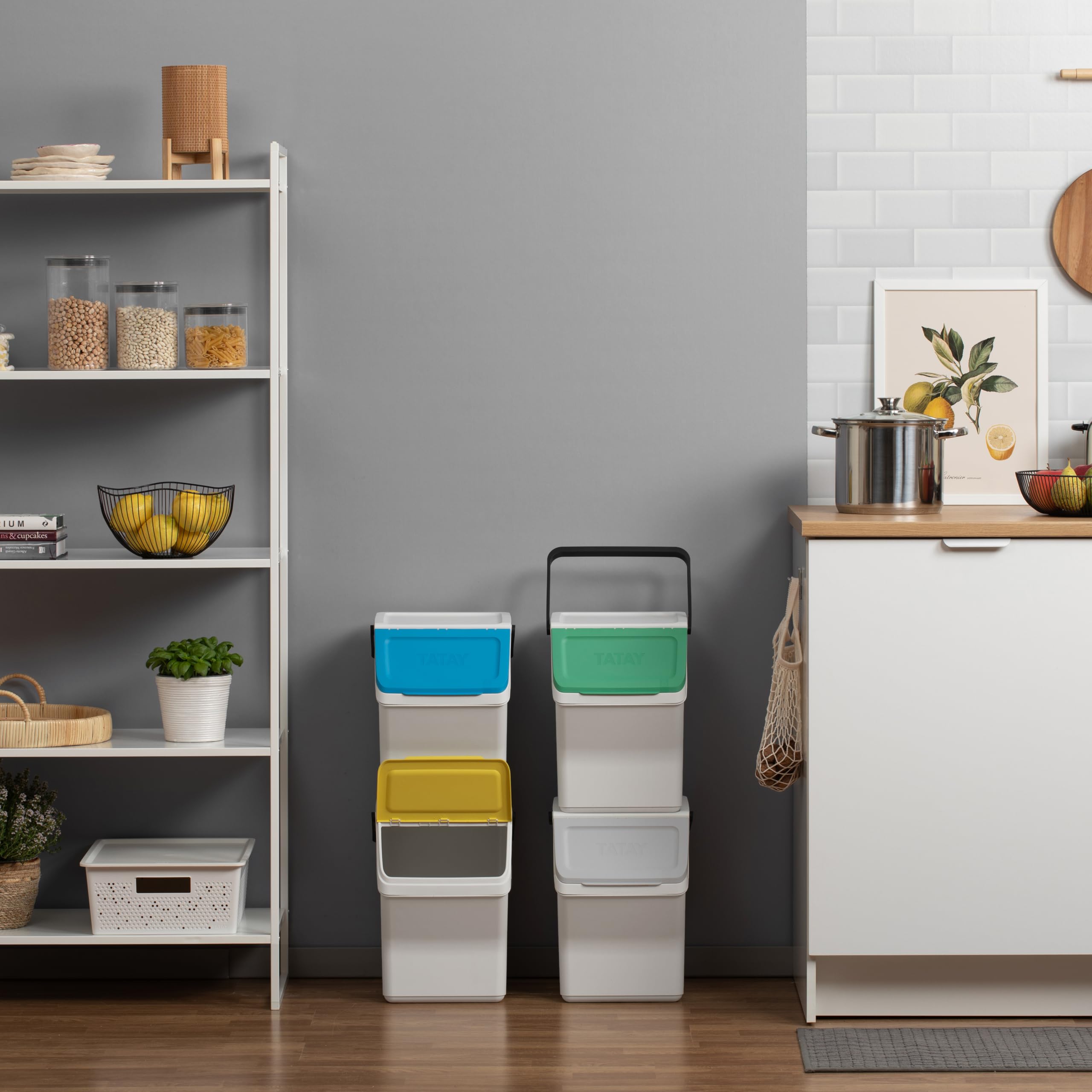 TATAY Praktyczny 4 Koszy do Segregacji Easy Waste 20 L, 35x27x36 cm | Pokrywa Kosza | Modułowe Sztaplowane | Pokrywa z Systemem Click | Wbudowany Uchwyt | Wygodna Obsługa, Białe