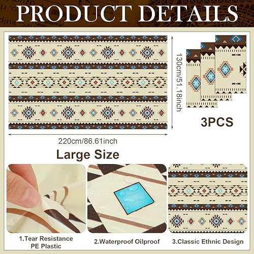Miniatura 2 de Frienda 3 manteles aztecas de plástico occidental, impermeables, decoraciones tribales para fiestas, cubierta de mesa de madera del oeste