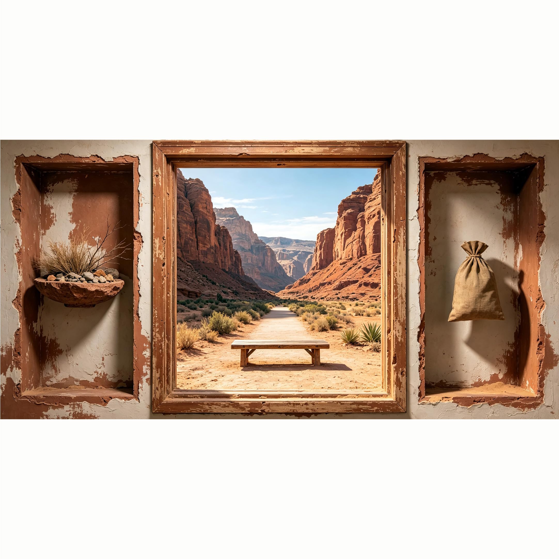 QZLITHOTIC 50x100cm 3D Framed Wall Art， Southwestern Desert Canyon Landscape Trompe l'oeil Self‑Adhesive Mural， Water‑Activated Peel & Stick Fabric Decor Wall Decal for Bedroom Living Room