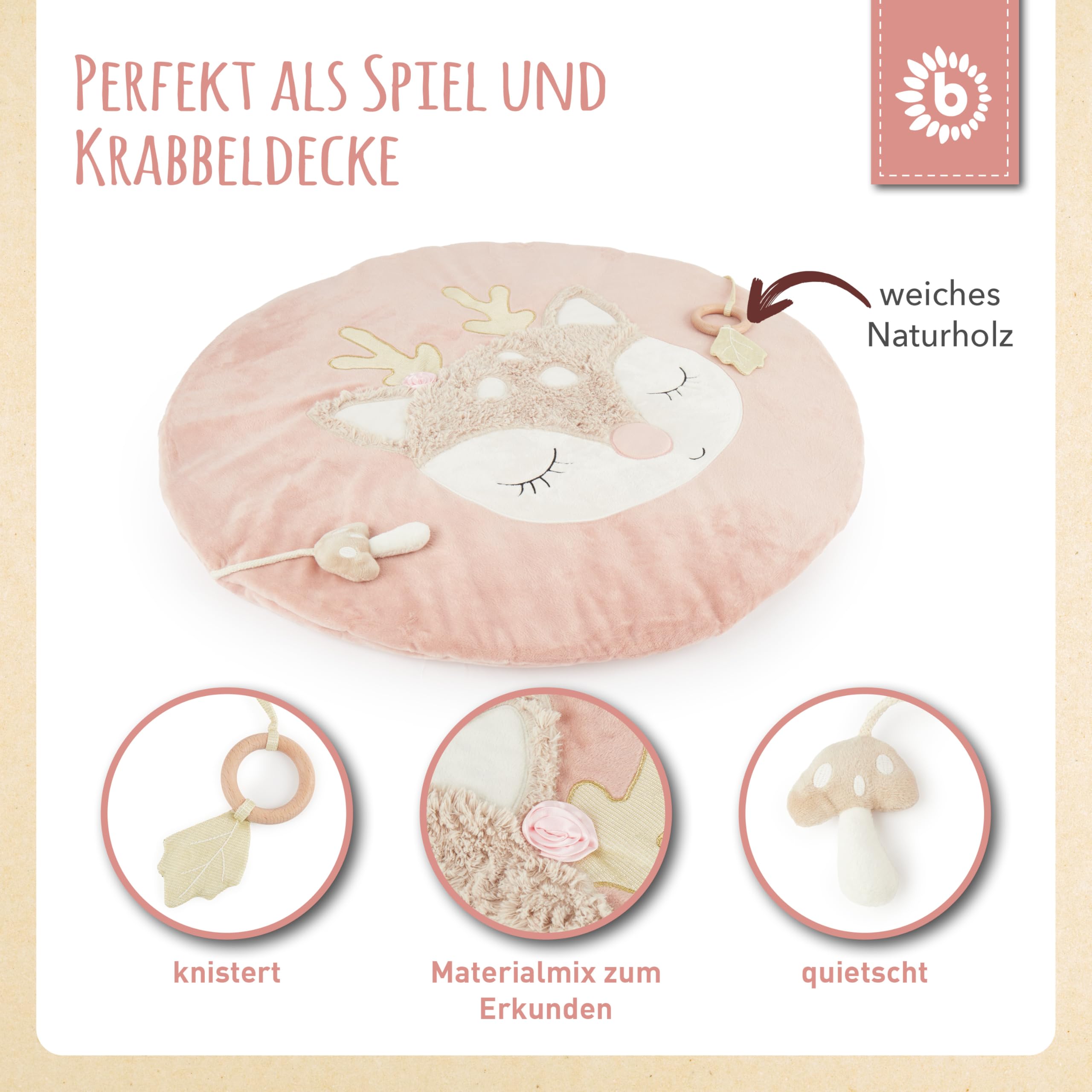 Bieco Krabbeldecke Reh | Babydecke Reh Ella | Baby Krabbeldecke rund gepolstert für Spielbogen Baby | Krabbeldecke für Baby Krabbeldecke gepolstert für Spielebogen Babies Holz Babydecke Boden