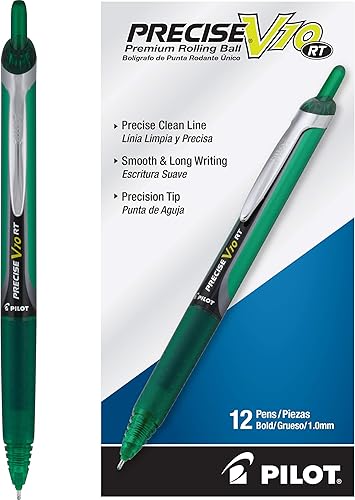 PILOT Precise V10 RT - BolĂgrafos de bola rodante recargables y retráctiles, punta intensa, tinta verde, paquete de 12 (13462) PILOT Precise V10 RT - BolĂgrafos de bola rodante recargables y retráctiles, punta intensa, tinta verde, paquete de 12 (13462)