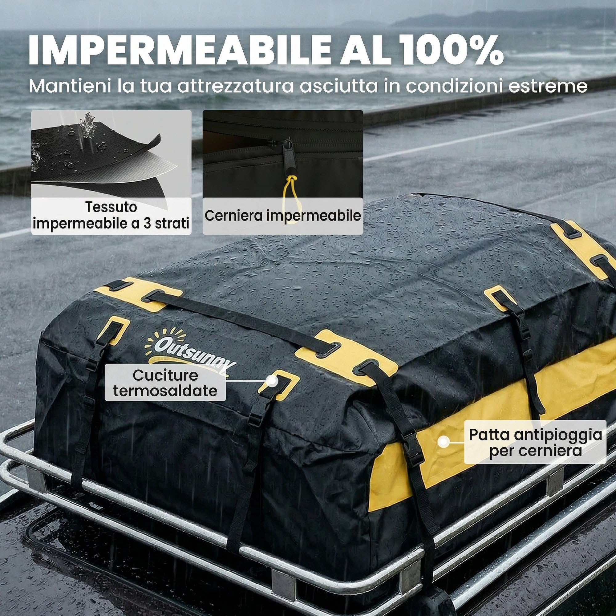 Outsunny Portabagagli da Tetto 595 Litri Impermeabile, Borsa da Tetto Auto con 6 Cinghie Rinforzate, Tappetino Antiscivolo e Ganci per Portiere, Adatto a Tutti i Veicoli con o senza Barre, Giallo