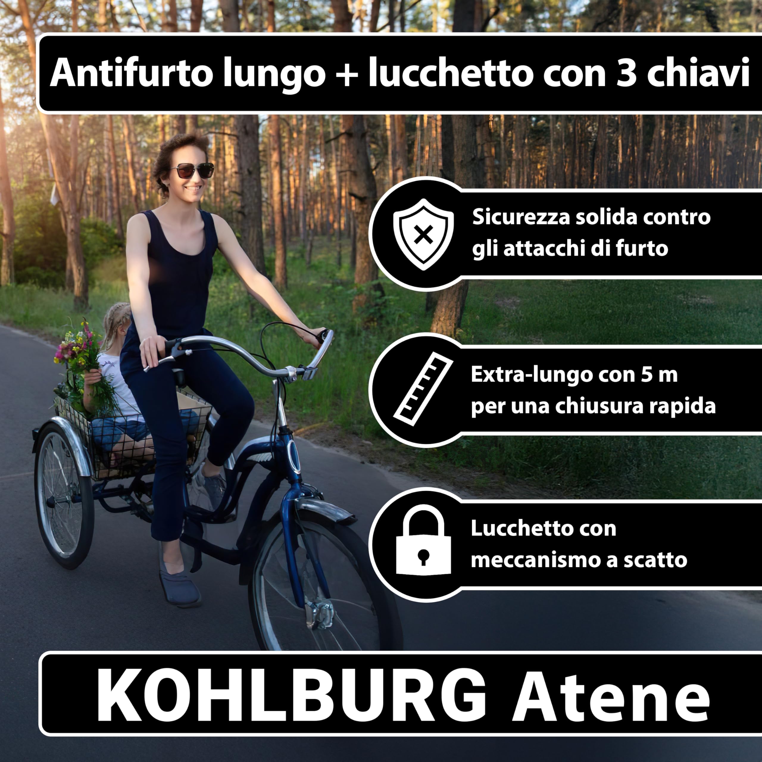 KOHLBURG antifurto bici a cavo acciaio da 5 m – lucchetto bici con chiusura a chiave a scatto cavo da 500 cm – per catenaccio bici elettrica, per rimorchio, bicicletta, monopattino e passeggino