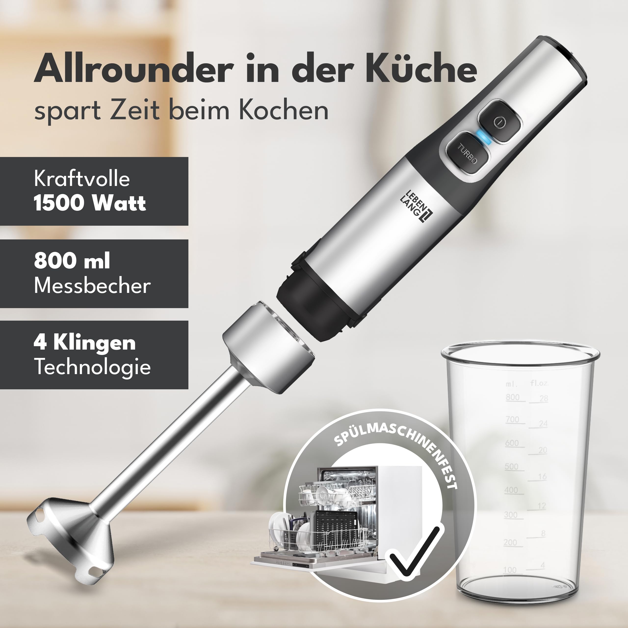 LEBENLANG 1500W Stabmixer Edelstahl - Inkl. 800ml Messbecher & Spritzschutz I Stufenlos verstellbar & Turbo I Pürierstab Zauberstab Mixer Mixstab Elektrische Hand Blender Purierstabmixer Pürierstäbe
