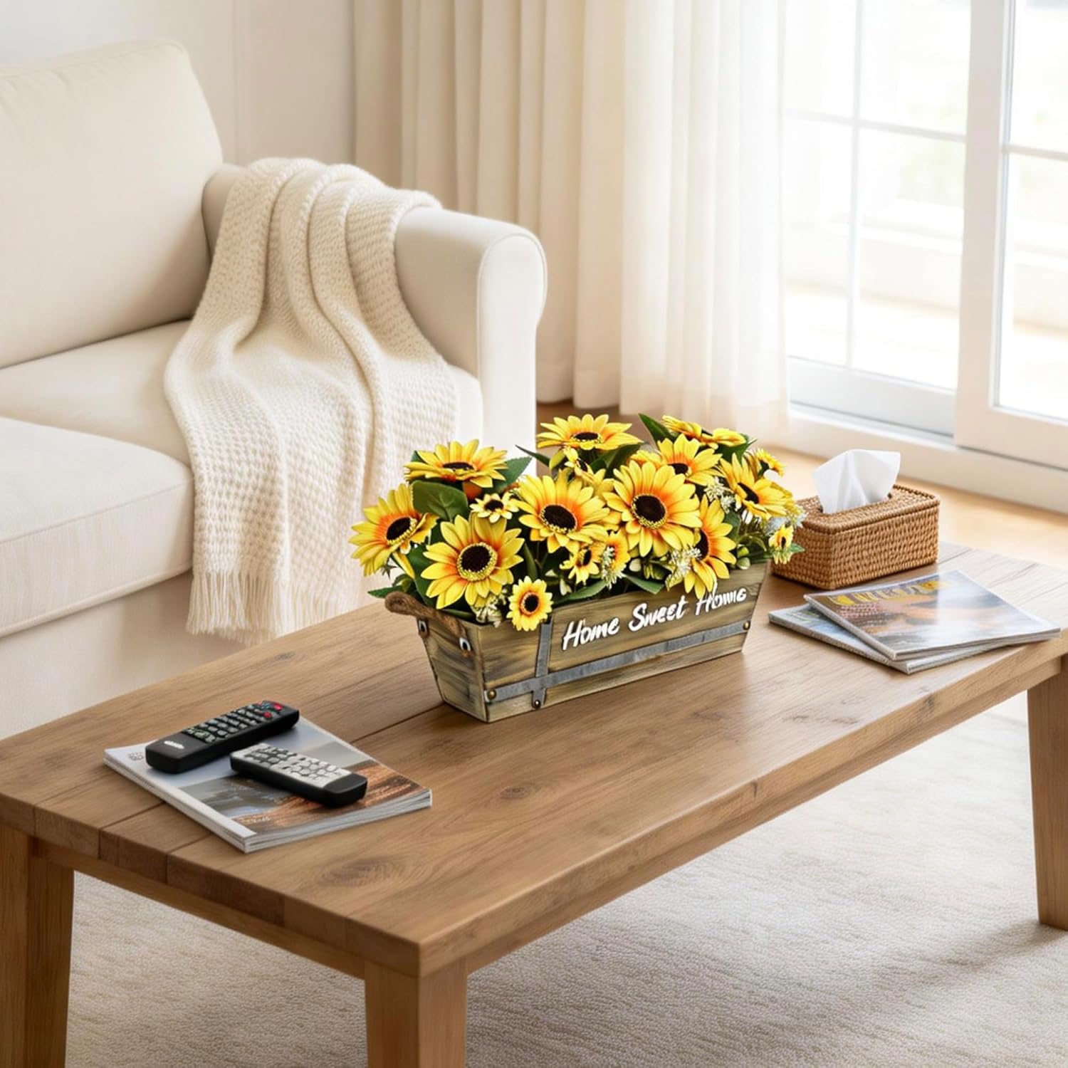 Artificial Sunflower Arrangement in Rustic Wood Box with “Home Sweet Home” Sign, Faux Sunflowers with Daisies and Greenery Farmhouse Table Centerpiece for Home Décor, Indoor Display