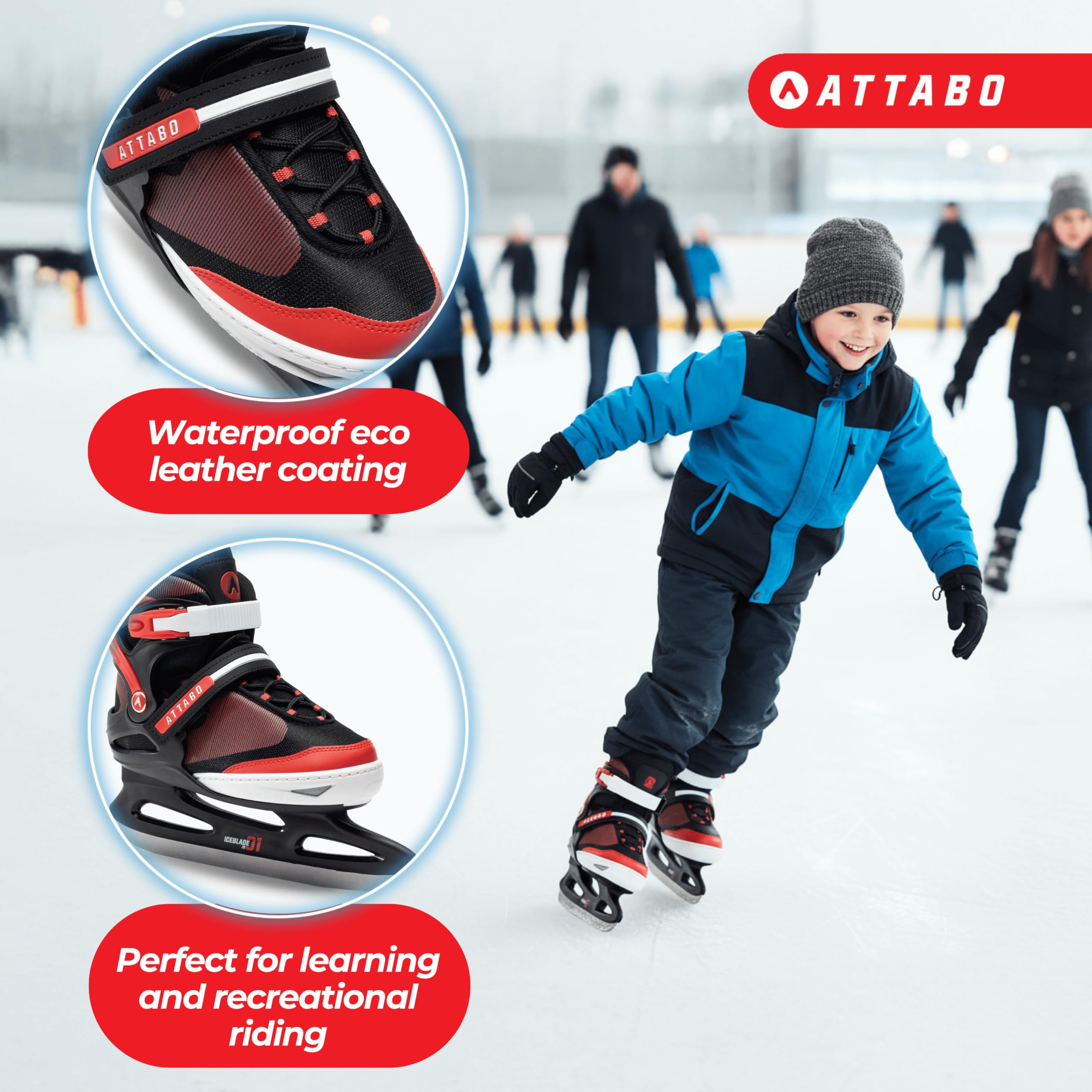 ATTABO Verstellbar Schlittschuhe Kinder und Jugendliche 26-41 EU Eislauf-Schlittschuhe mit 5-stufige Größenverstellung Eislaufschuhe Bequeme warme Eishockey Schlittschuhe mit Edelstahlkufen