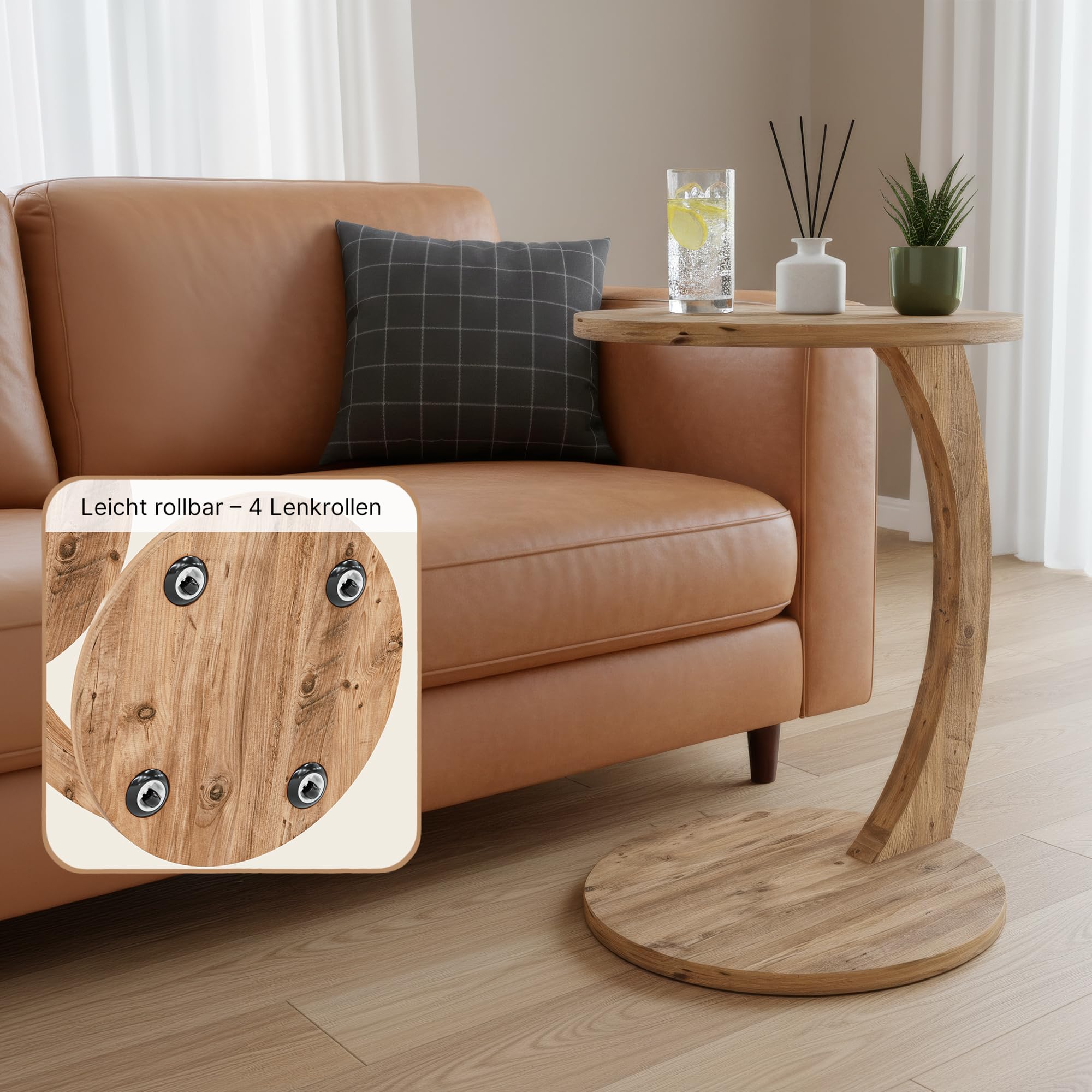 Beistelltisch C-Form, Sofatisch mit Rollen, Couchtisch rund Holz Optik, Laptoptisch Couch, 56 x 38 cm (Oak, C-Form Rund)
