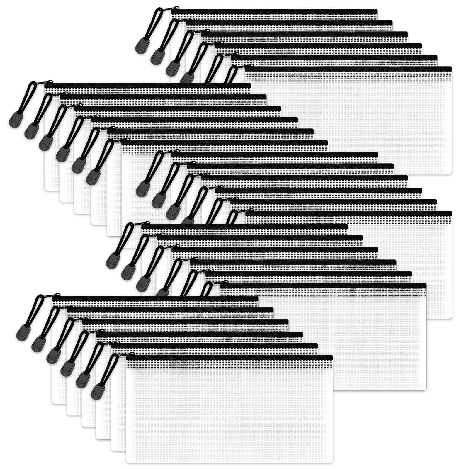 Clear Pencil Case Zipper File Bags, 30PCS Mesh Pencil Pouch Plastic Zip Wallets Folders Waterproof Travel Storage Pouch for Exams, Bills, Cosmetics, School Supplies and Travel Accessories, Black