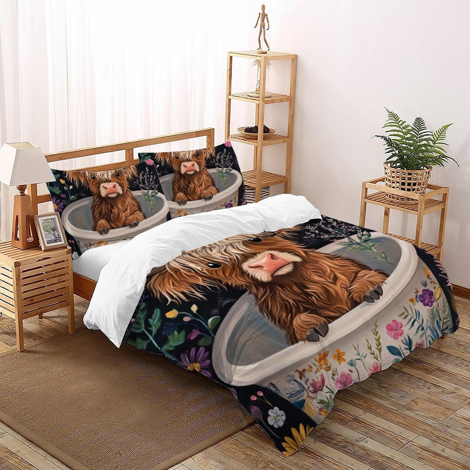LOVEROGD Highland Cattle Bedding Set Theme Bedspread Animal Themes Domesticated Animals Duvet Cover Set Chic Breathable Comforter Cover for Boys&Girls with Pillowcase Super King（260x220cm）