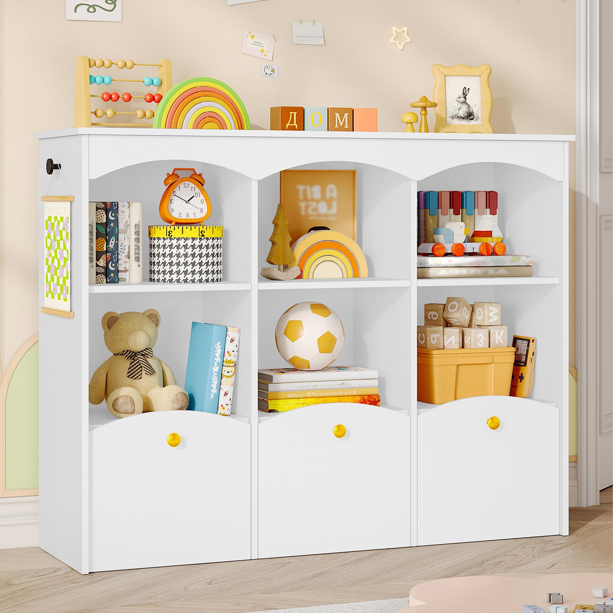 Hzuaneri Kinderregal 103 cm Breite, Kinderzimmer Möbel Weiß | Kinderregal mit 3 Rollboxen, 6 offene Fächer, Spielzeug Aufbewahrung, für Kinderzimmer Wohnzimmer, 30 x 103 x 80 cm, KB33303X
