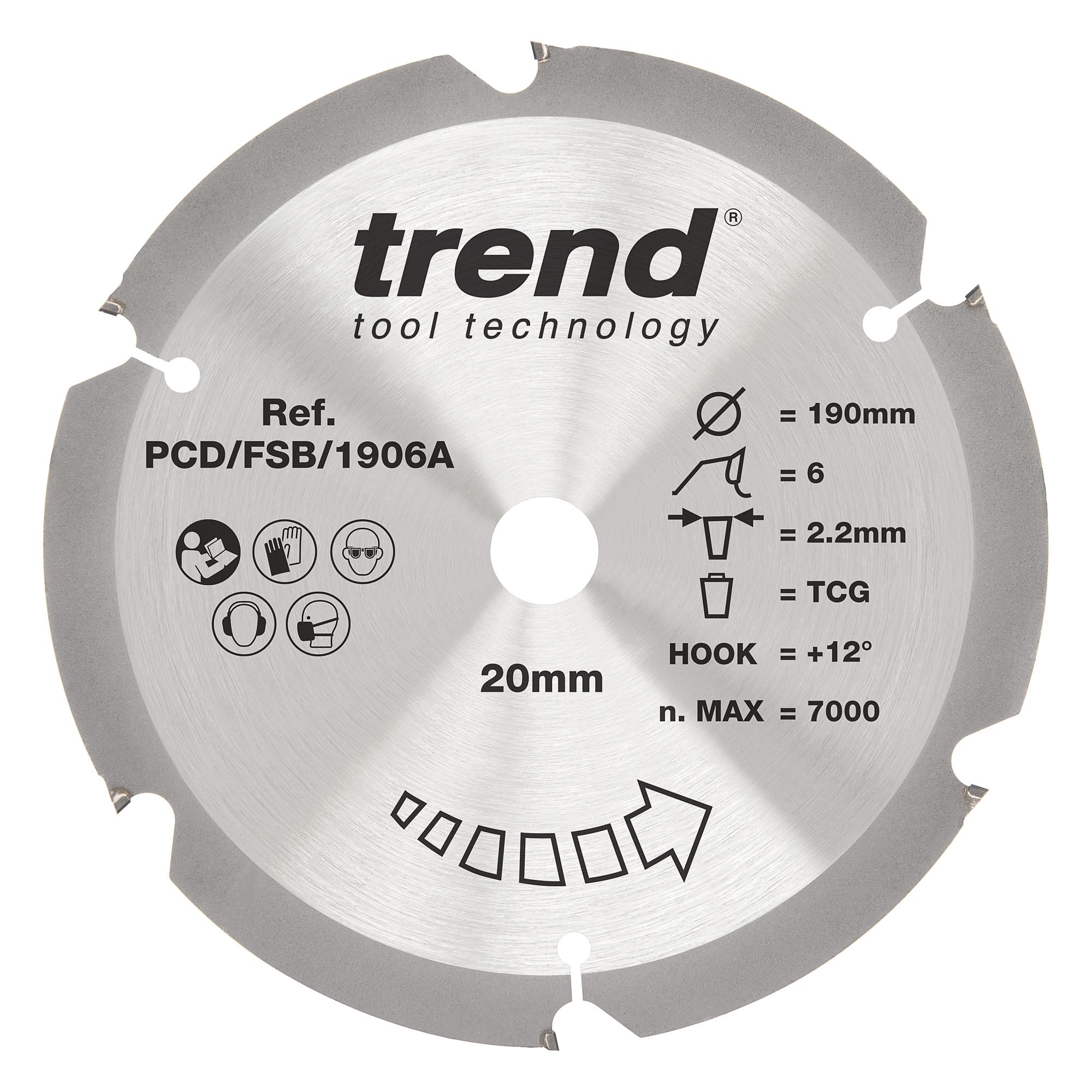 Trend PCD Fibre Cement Circular Saw Blade, 190mm Diameter, 20mm Bore, 6 Teeth, 2.2mm Kerf, +12° Hook, PCD, Coarse Finish, PCD/FSB/1906A