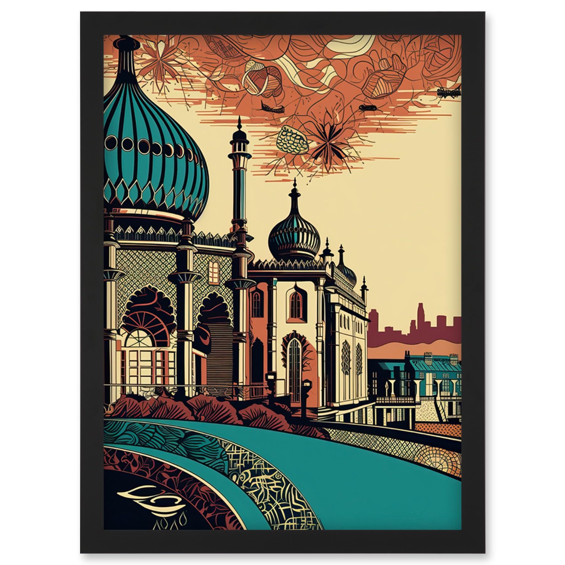 Artery8 Brighton City Royal Pavilion Ornate Illustration Framed Wall Art Print A4 - Black