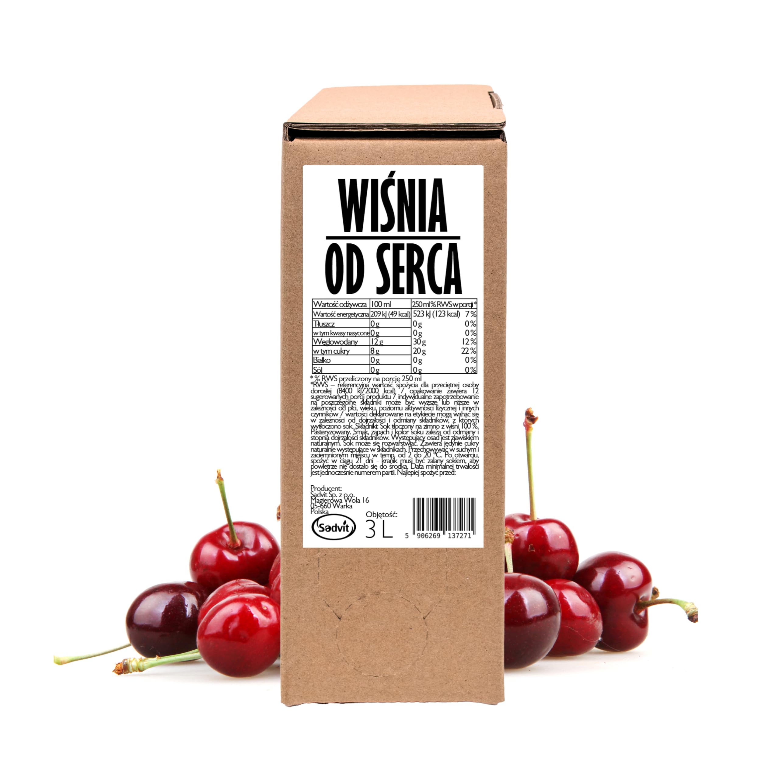 Sadvit | Lutówka Sok z Wiśni nie z koncentratu | 3L Bag in Box Sok owocowy NFC | Tłoczony Kwaskowaty Intensywny | Bez Cukru i Konserwantów | Do Koktajli Syropów | Rodzinne Opakowanie | Polskie Owoce