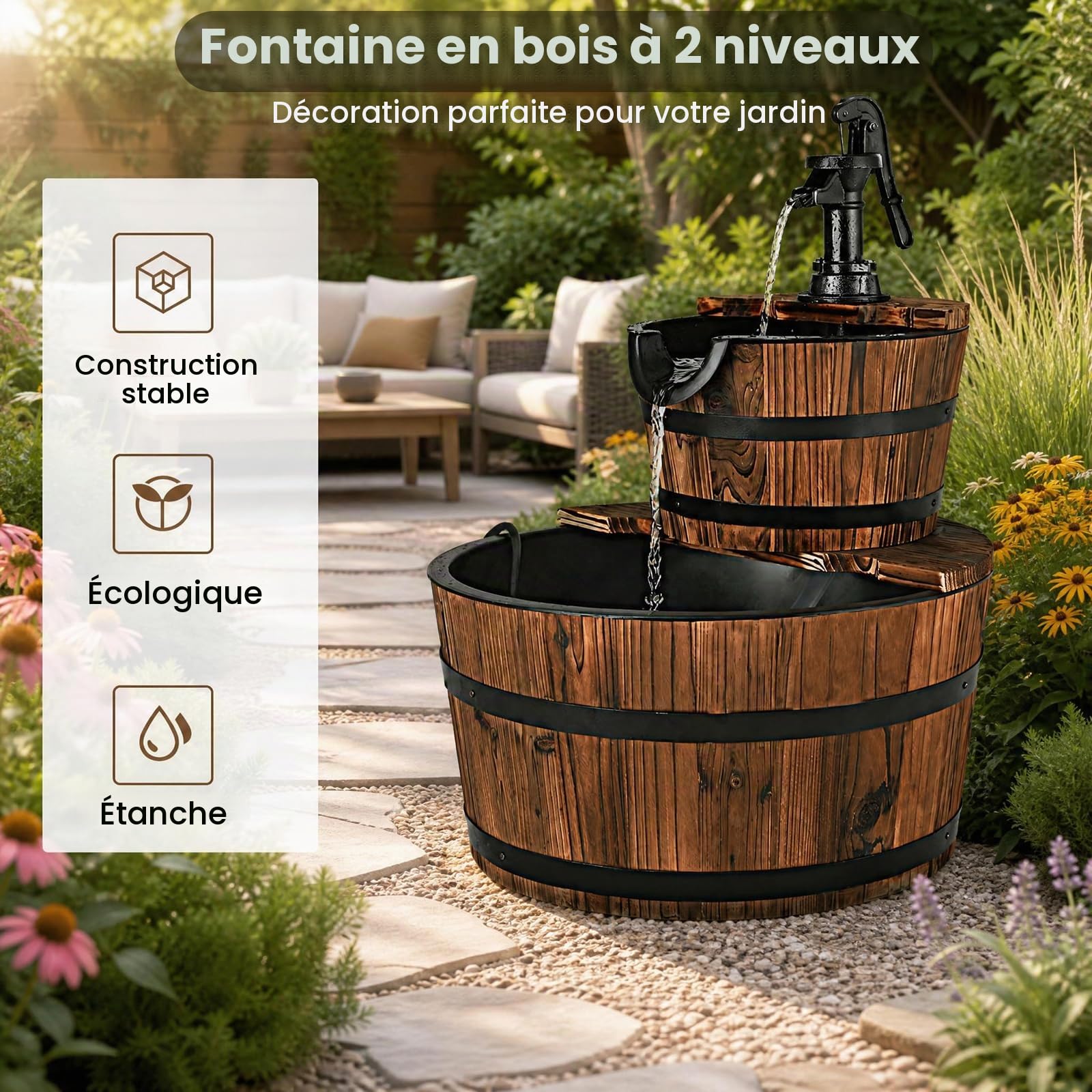 SOARS Fontaine de jardin à 2 niveaux, avec pompe à eau et débit d'eau réglable, design en bois, décoration de jardin pour extérieur, balcon, terrasse