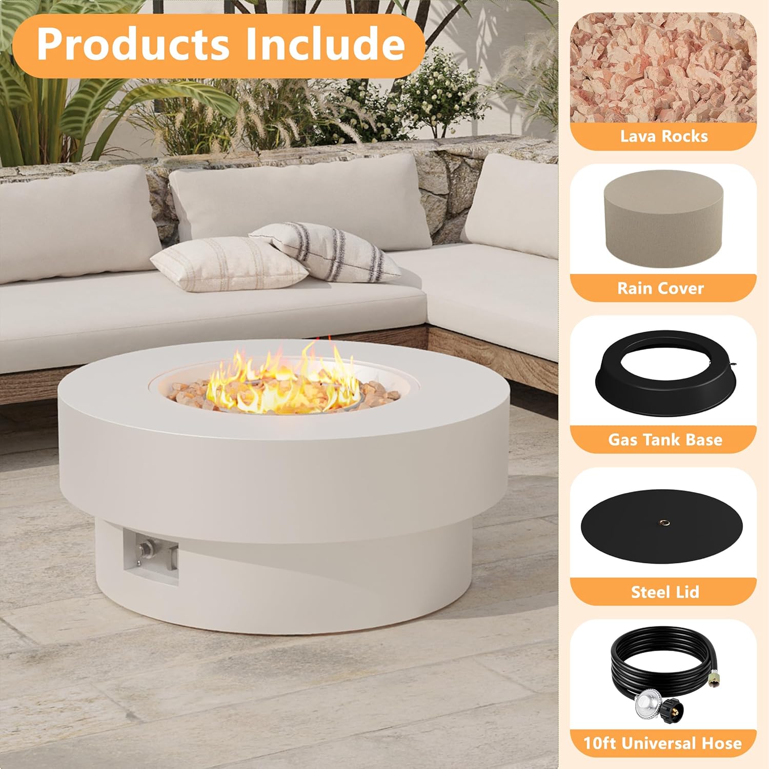 32 inch Outdoor Propane Fire Table, Round Patio Fire Pit Table, 50,000 BTU Gas FirePit with Lid, Cover, Lava Rocks, CSA Certified, White