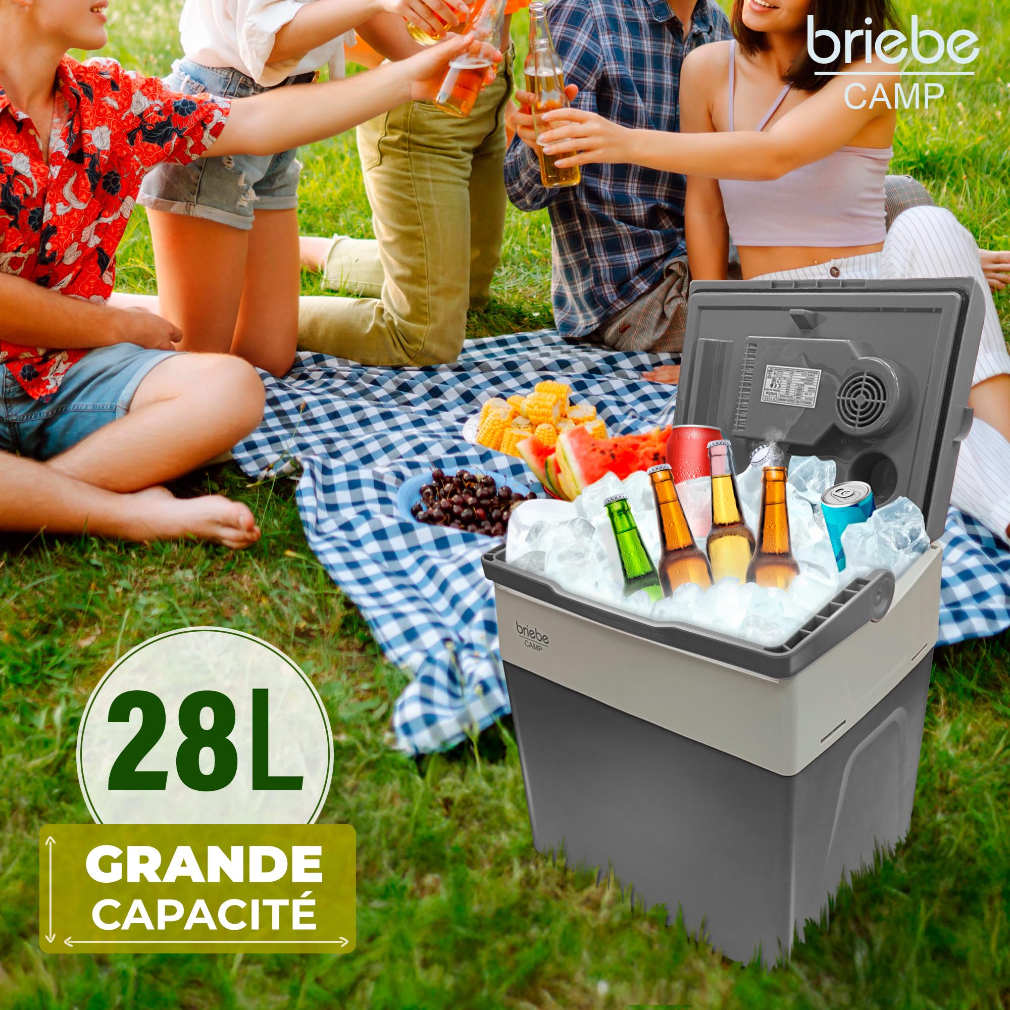 briebe Camp przenośna lodówka elektryczna 28 litrów, samochód, kemping, podróże, 12 V/220 V, chłodziarka, utrzymuje ciepło, niskie zużycie energii, szara, CF1153
