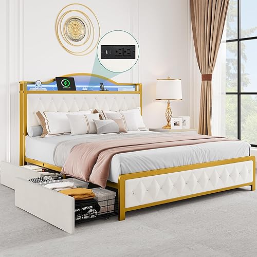 YITAHOME Queen Bed Frame with LED Lights, Platform Upholstered Bed with 4 Storage Drawers and Charging Station, Crystal Button-Tufted Headboard Footboard, No Box Spring Needed - White