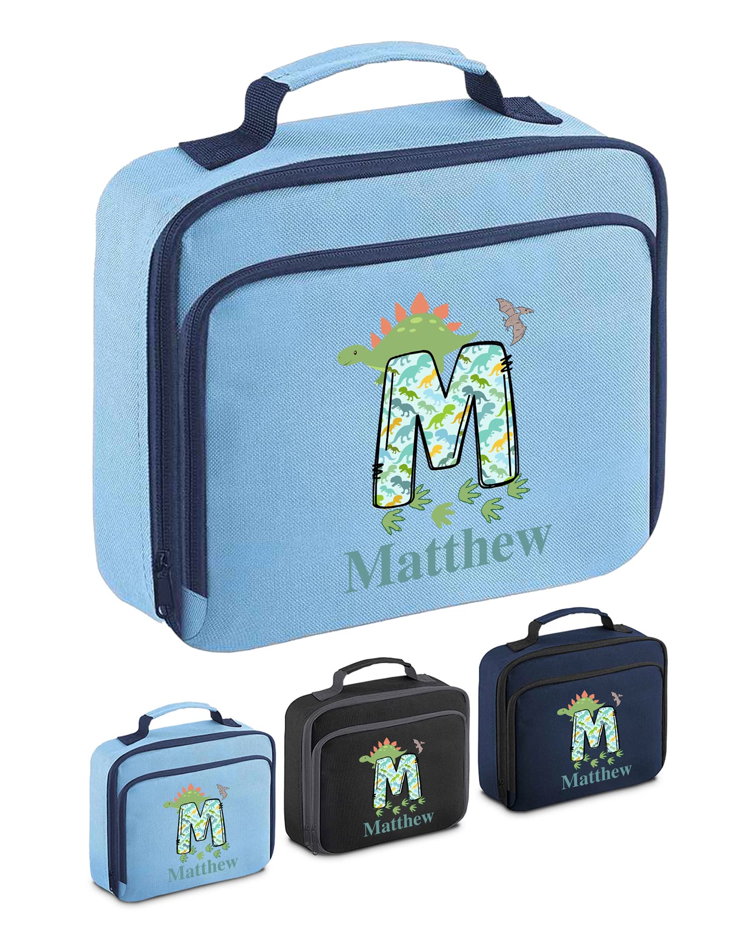 Personalised Lunch Bag Childrens Toddler Personalised Lunch Boxes for Kids Boys Pack Lunch Bag Insulated School Name Dinosaur Lunchbag (Pale Blue)
