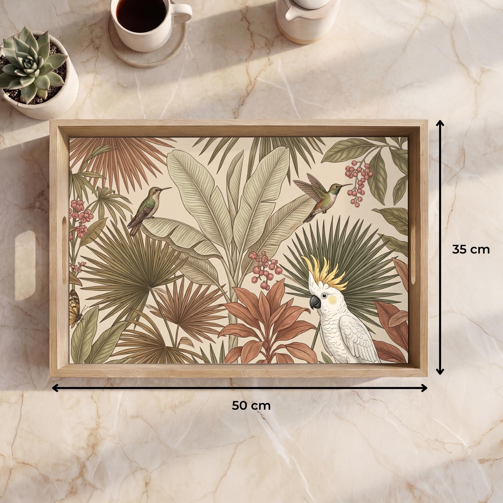 Tablett Rechteckig 50x35 cm Serviertablett rutschfest Griff Küchentablett Servierplatte Eiche Holztablett Henkel Hitzebeständig Tropisch - Vögel - Beige